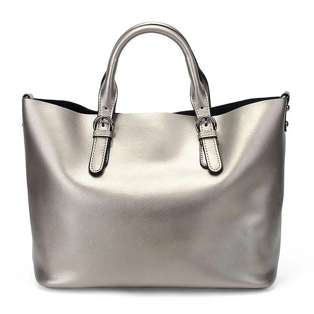 100% Genuine Leather Soft Women's Luxury Gold Silver Tote Handbag