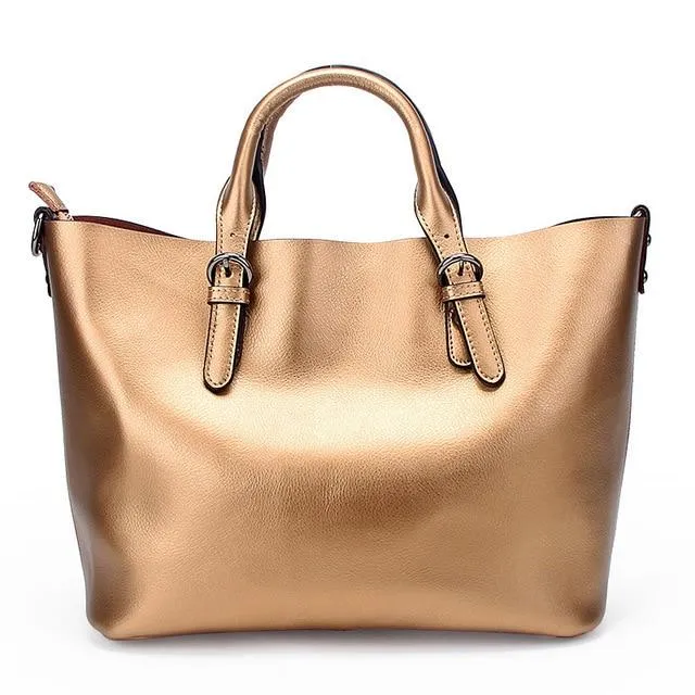 100% Genuine Leather Soft Women's Luxury Gold Silver Tote Handbag