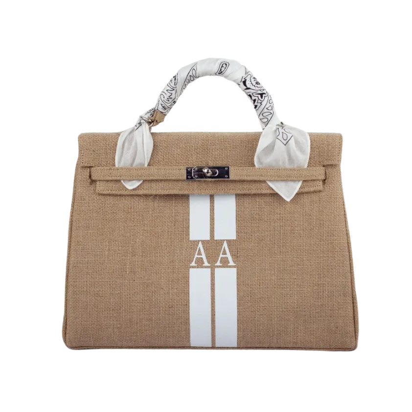 24H Kelly Style Jute Handbag with Initials