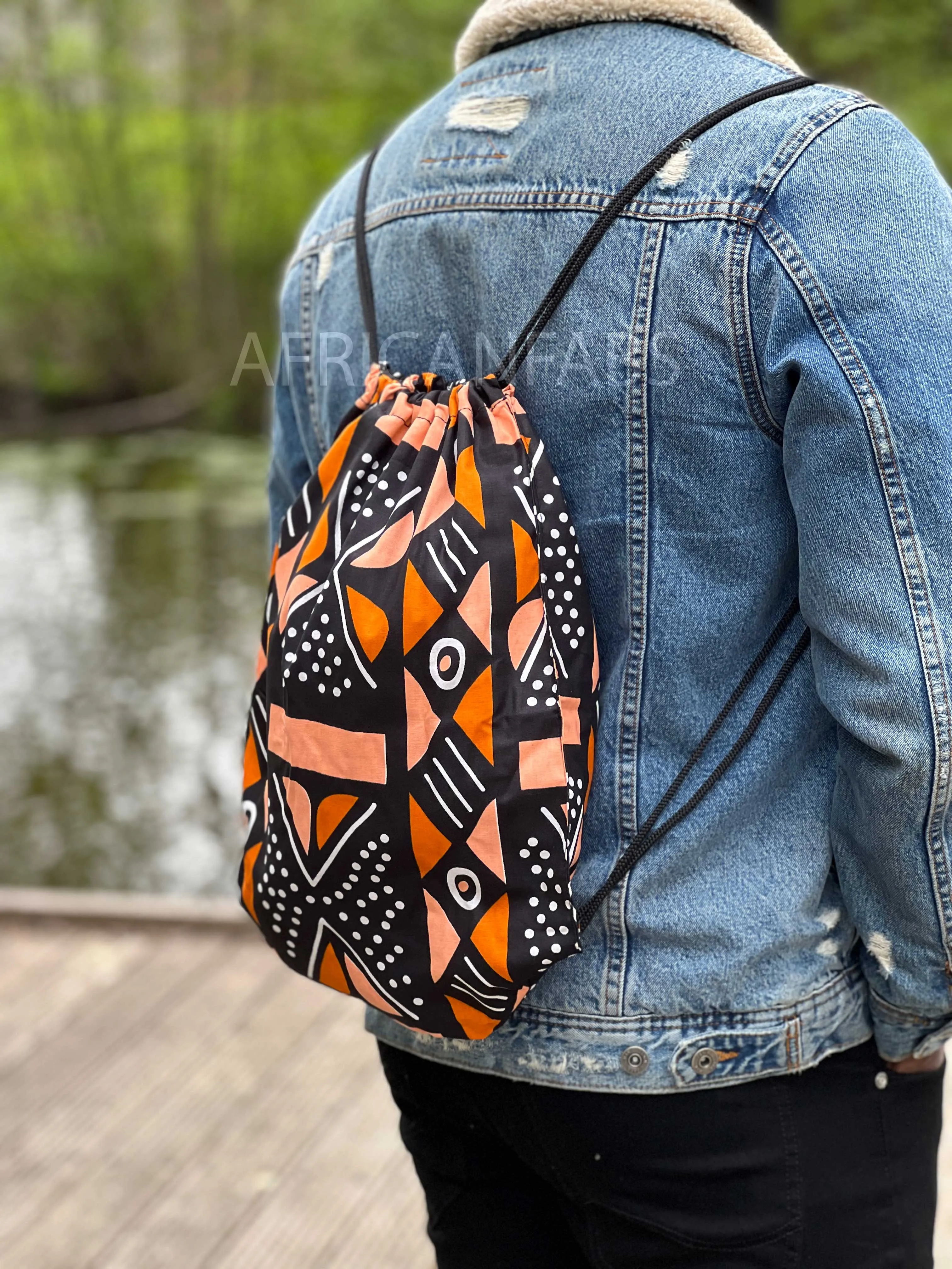 African Print Drawstring Bag / Gym Sack / School bag / Ankara Backpack / Festival Bag - Orange / peach