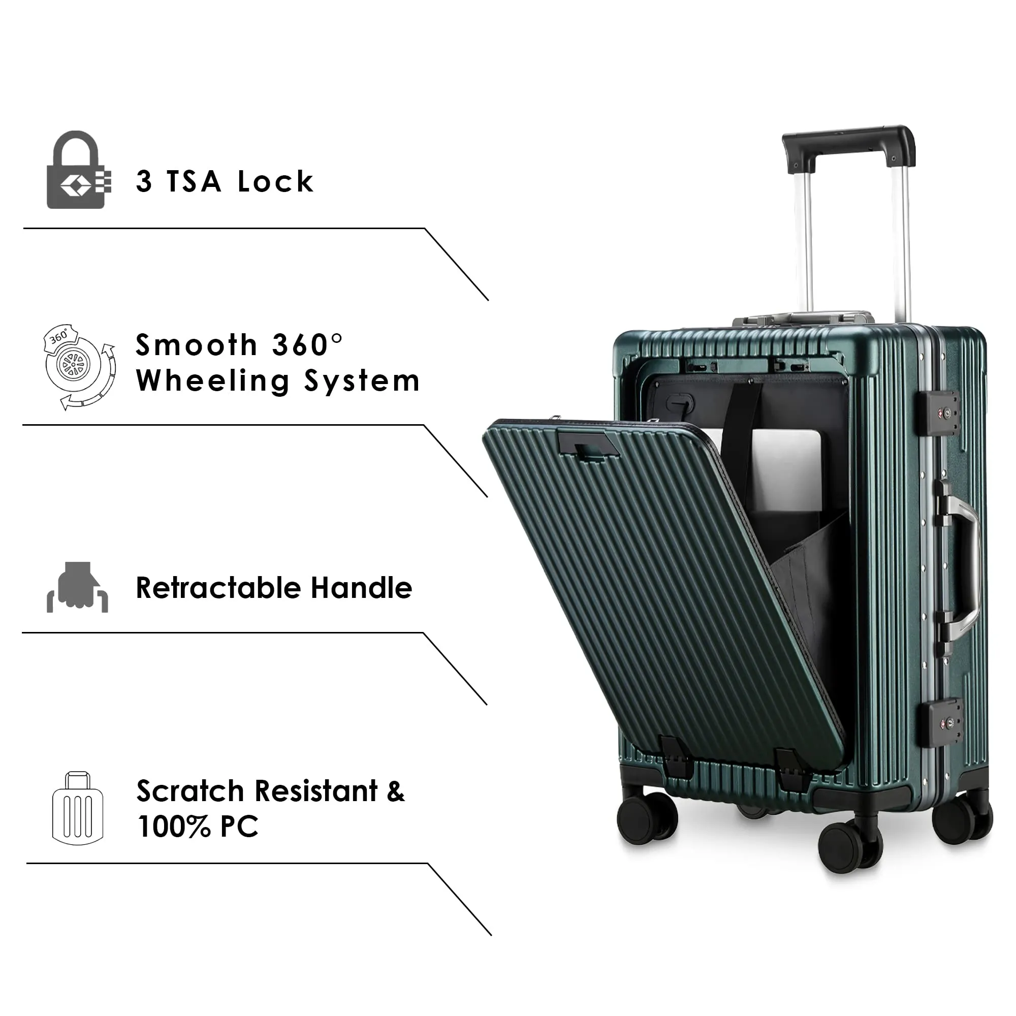 Ambassador Series Carry-On Luggage PolyCarbonate Hard Case Suitcase Eight Spinner Wheel Trolley Bag with TSA Lock, USB, Mobile Holder, Cup Holder- Forest Green (56 cm-22 inch)