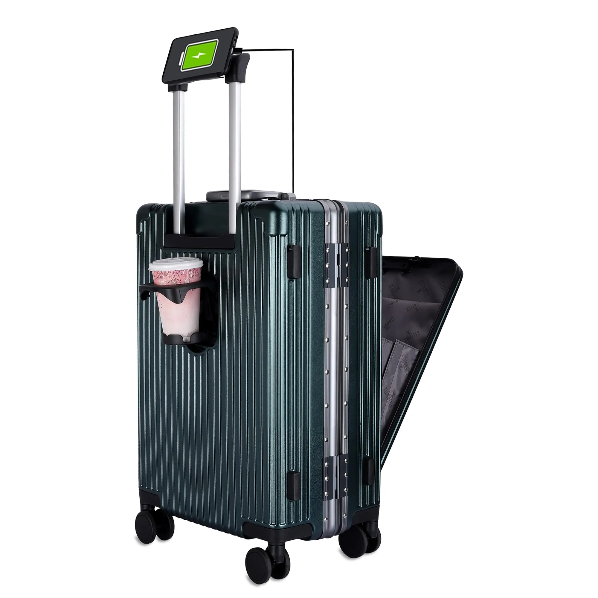 Ambassador Series Carry-On Luggage PolyCarbonate Hard Case Suitcase Eight Spinner Wheel Trolley Bag with TSA Lock, USB, Mobile Holder, Cup Holder- Forest Green (56 cm-22 inch)