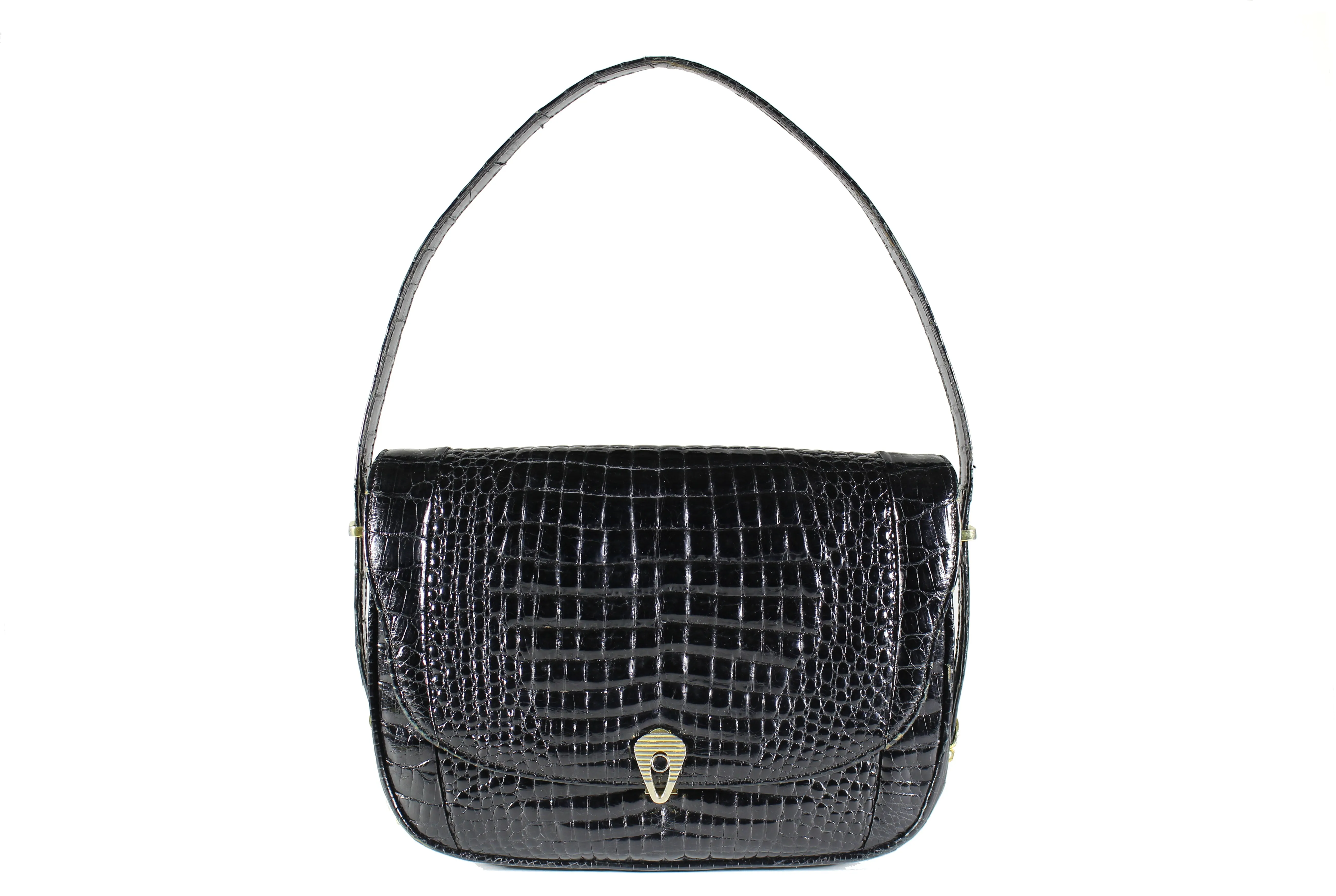 Black crocodile skin handbag with adjustable handle