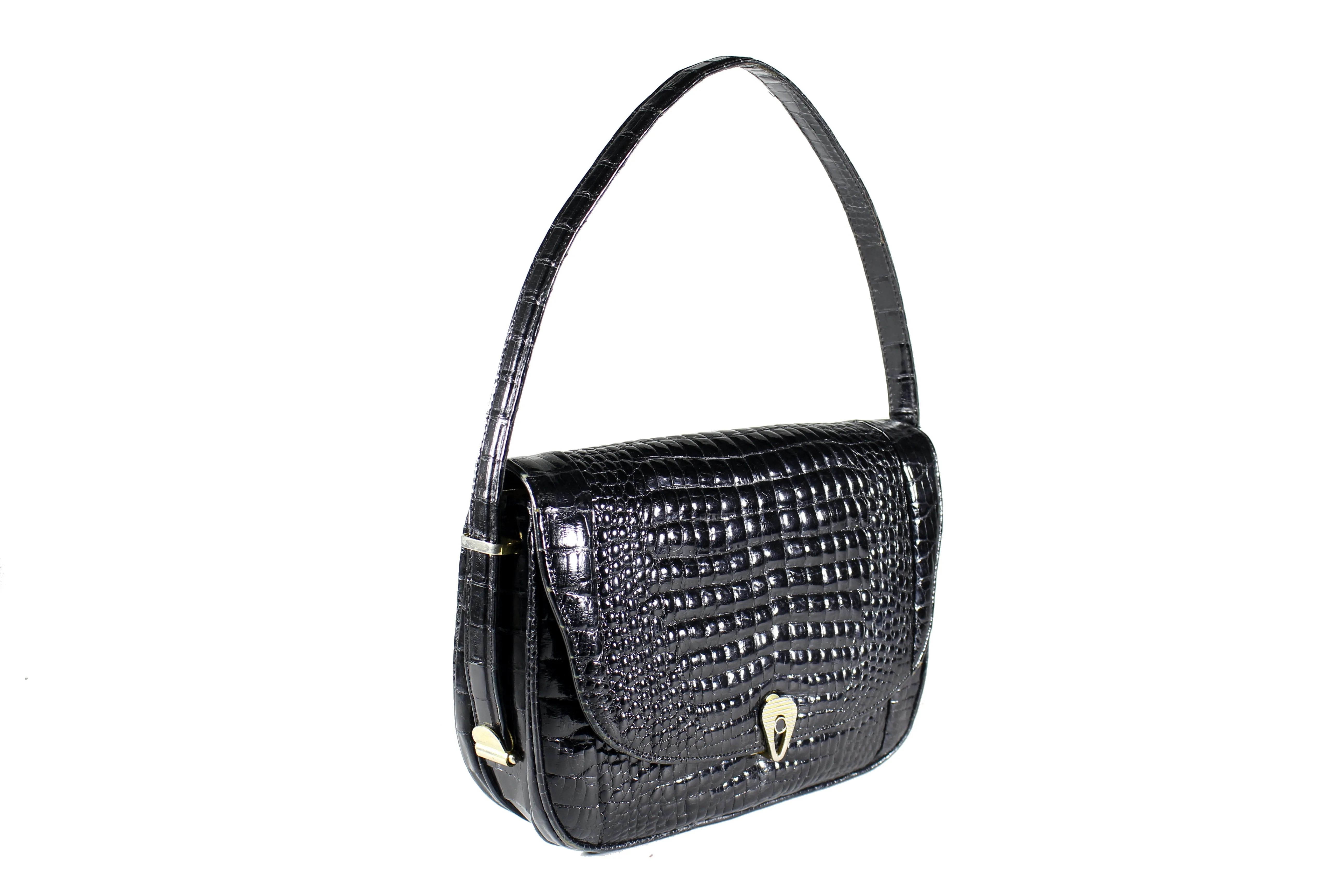 Black crocodile skin handbag with adjustable handle