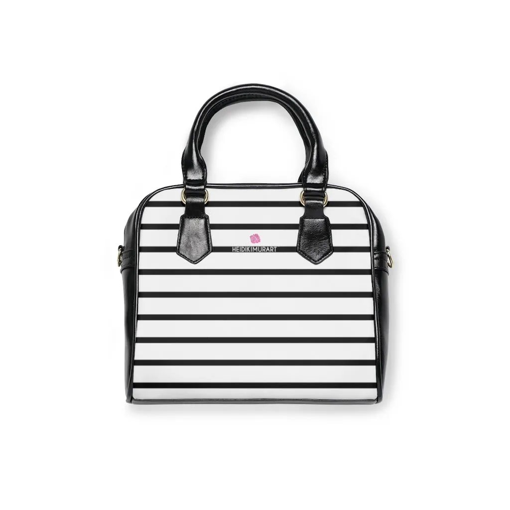 Black Striped Print Shoulder Handbag, Best Designer Ladies' 9.45" x 8.27" Shoulder Handbag