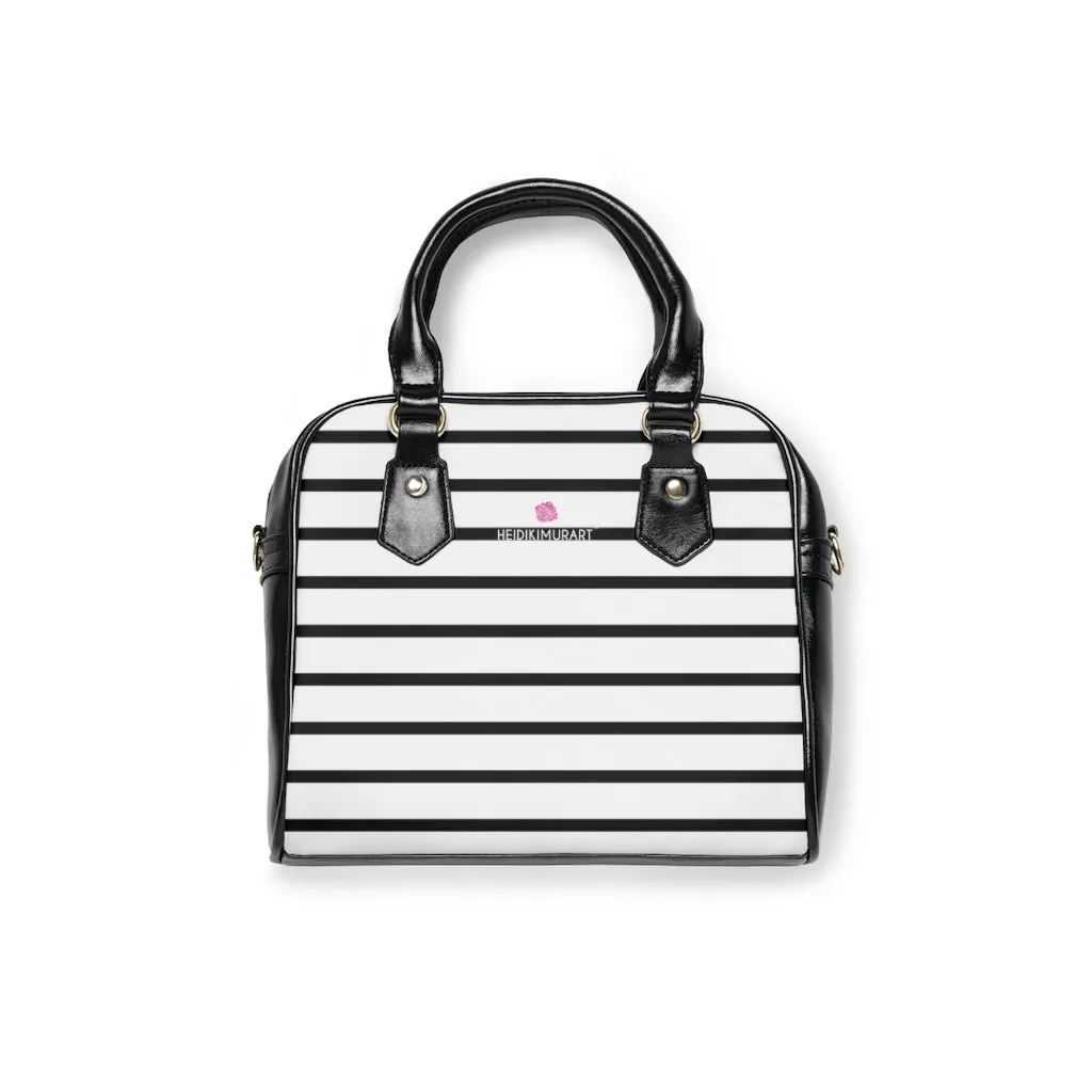 Black Striped Print Shoulder Handbag, Best Designer Ladies' 9.45" x 8.27" Shoulder Handbag