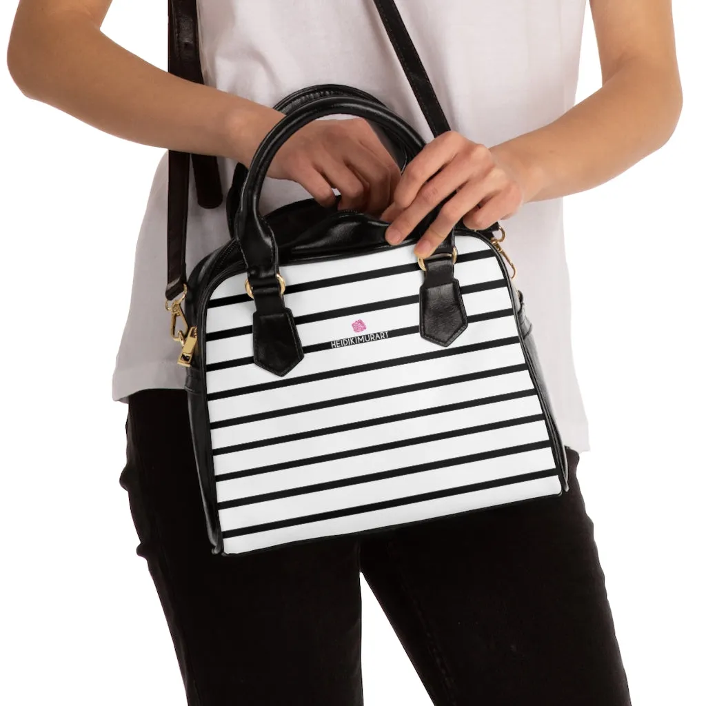 Black Striped Print Shoulder Handbag, Best Designer Ladies' 9.45" x 8.27" Shoulder Handbag