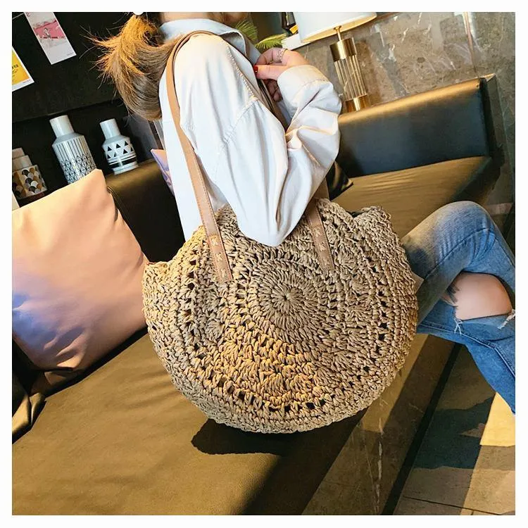 Boho Handmade Round Straw Tote Shoulder Bag