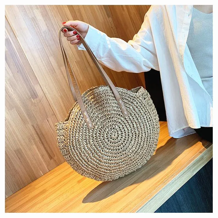 Boho Handmade Round Straw Tote Shoulder Bag