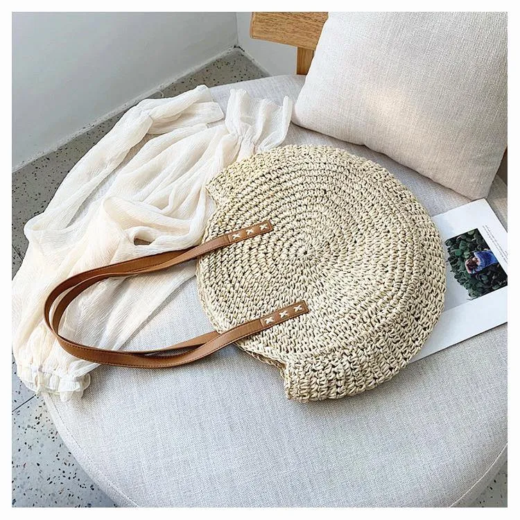 Boho Handmade Round Straw Tote Shoulder Bag