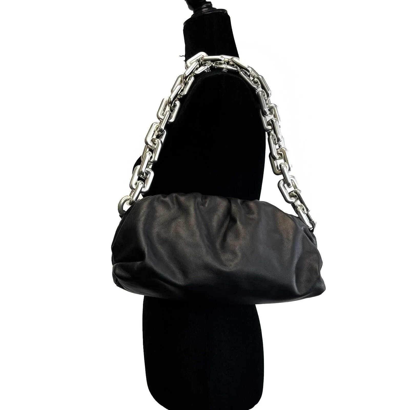 Bottega Calfskin The Chain Pouch Teen Black Shoulder Bag