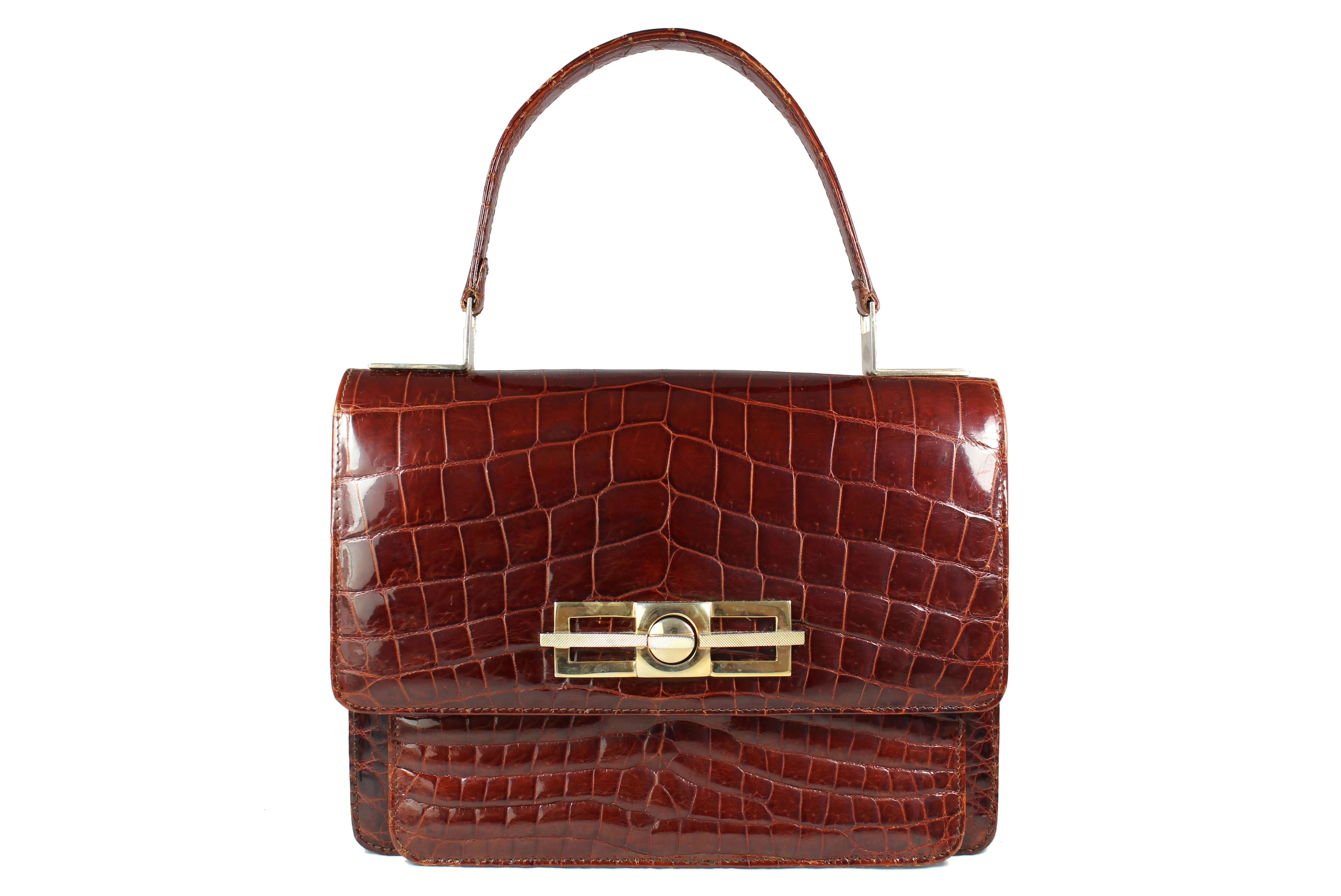 Brandy color crocodile skin flap handbag