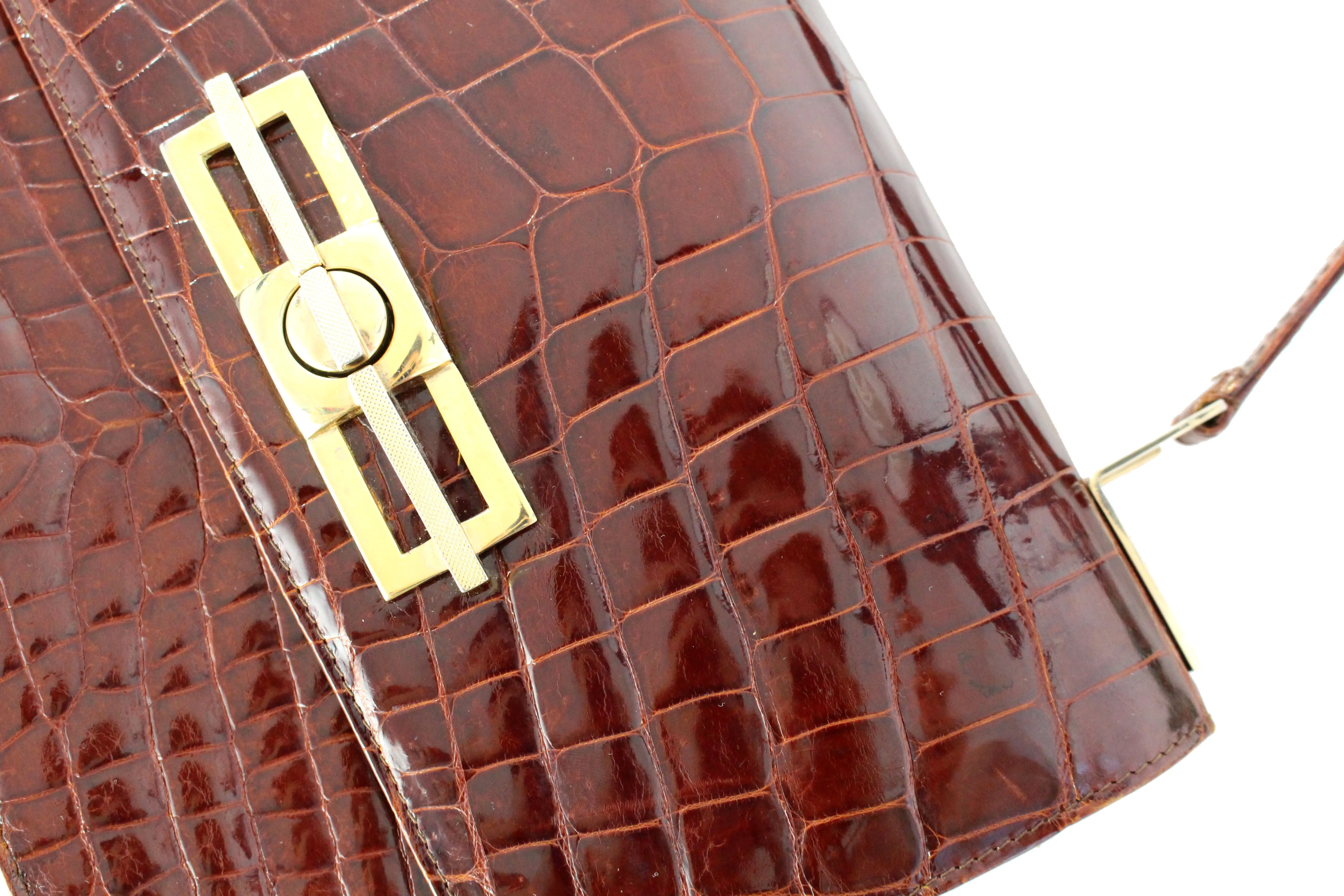 Brandy color crocodile skin flap handbag