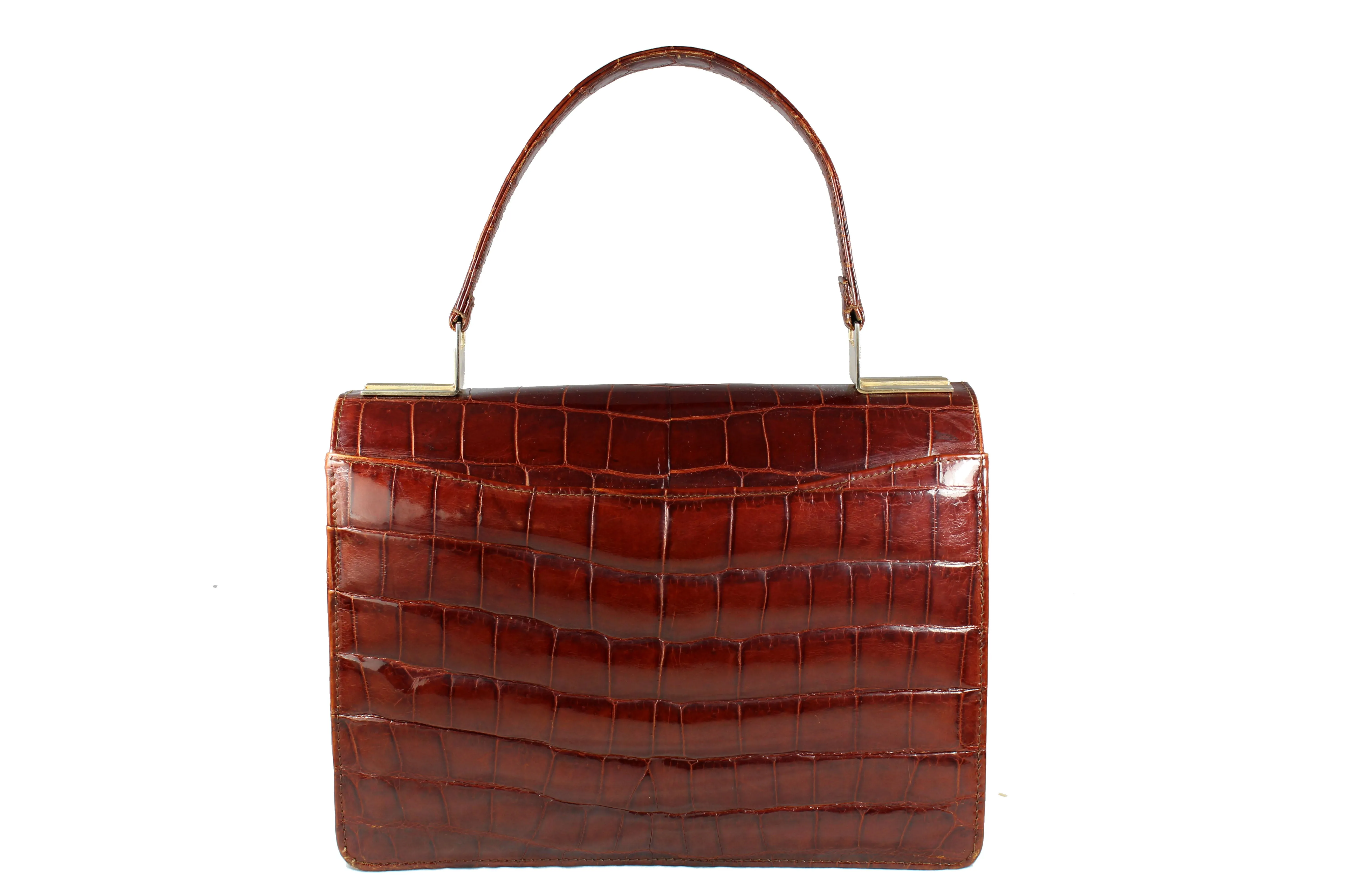 Brandy color crocodile skin flap handbag