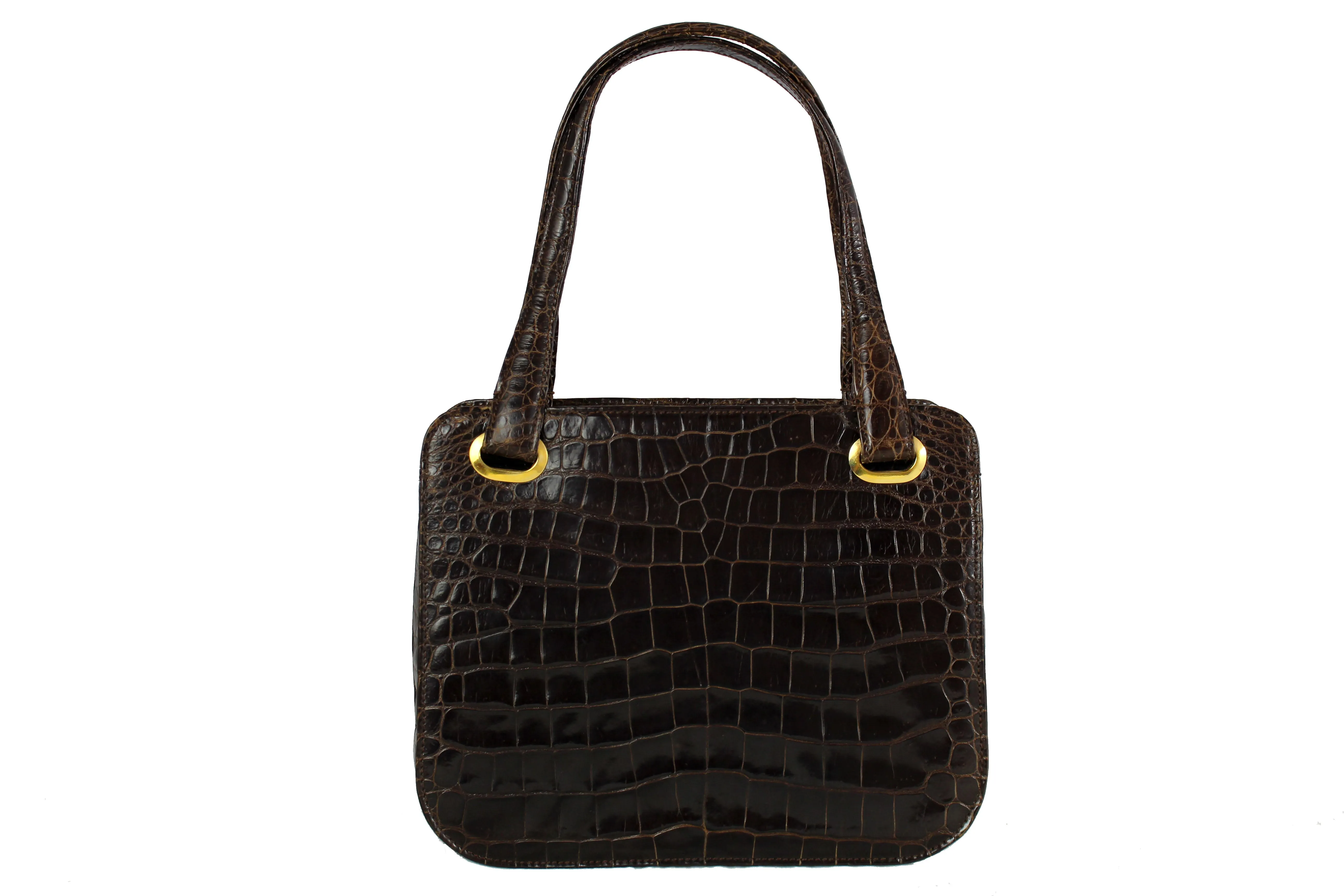 Brown baby crocodile skin frame handbag with twin handles