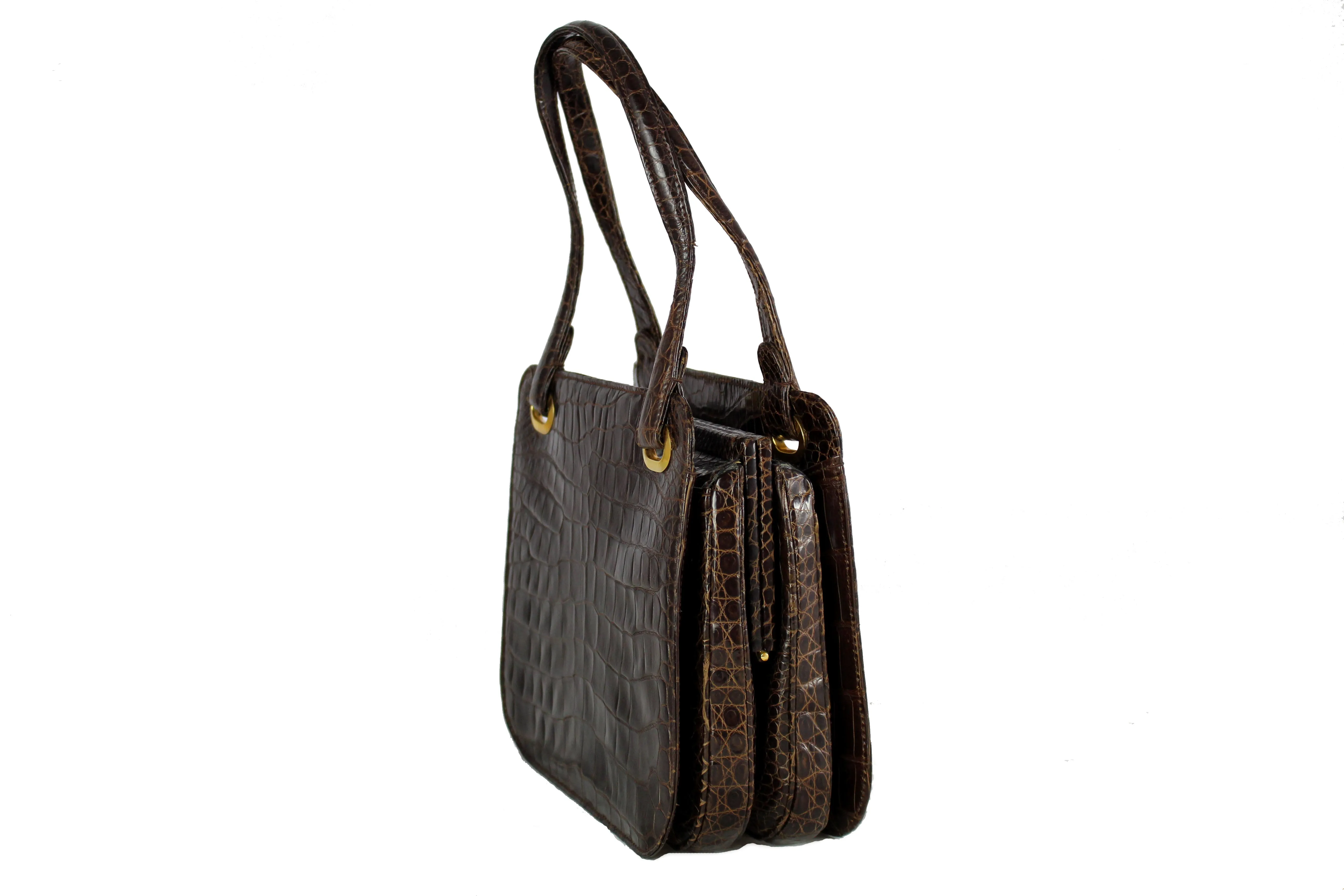 Brown baby crocodile skin frame handbag with twin handles