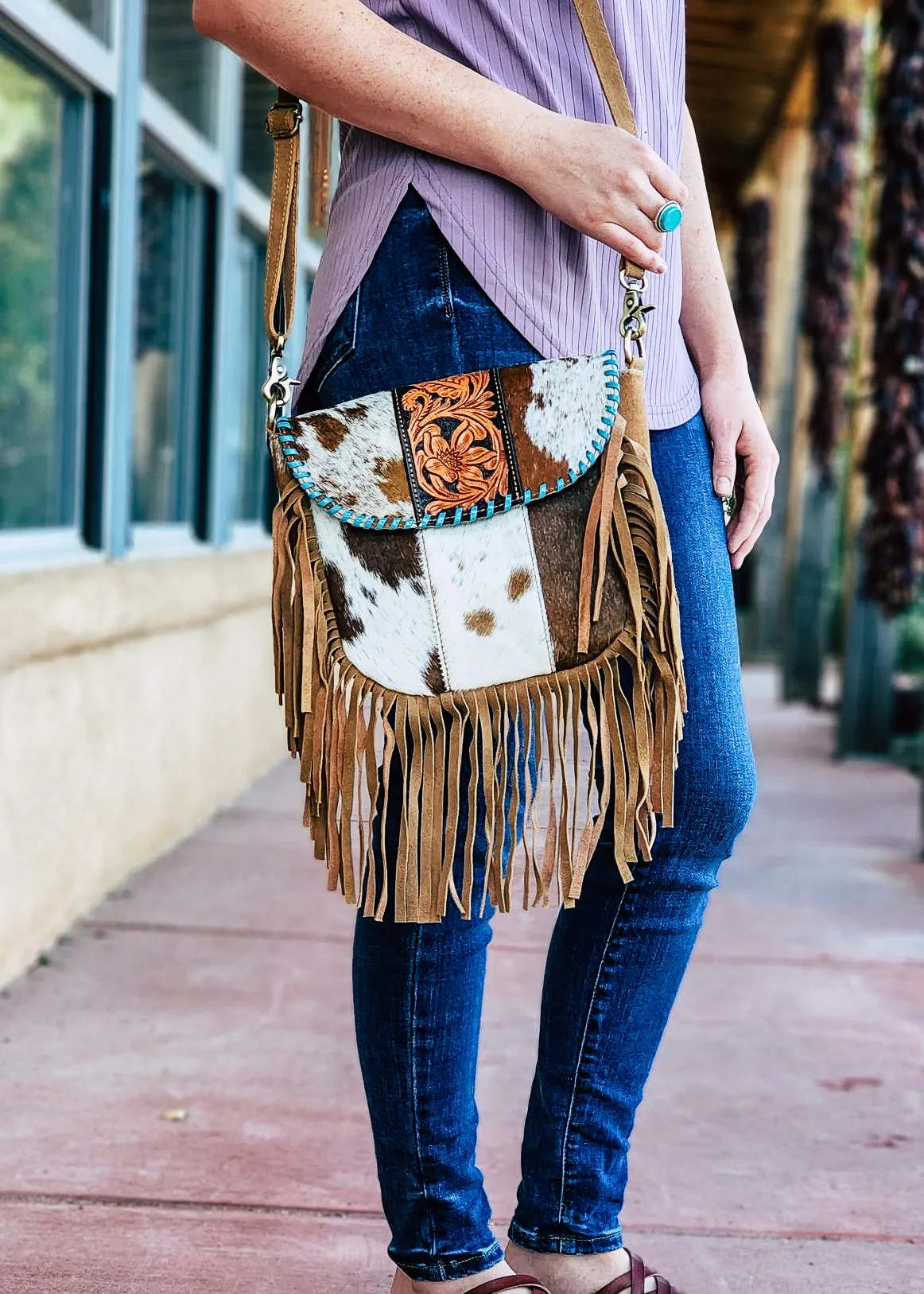 Cimarron Cowhide Fringe Crossbody Handbag