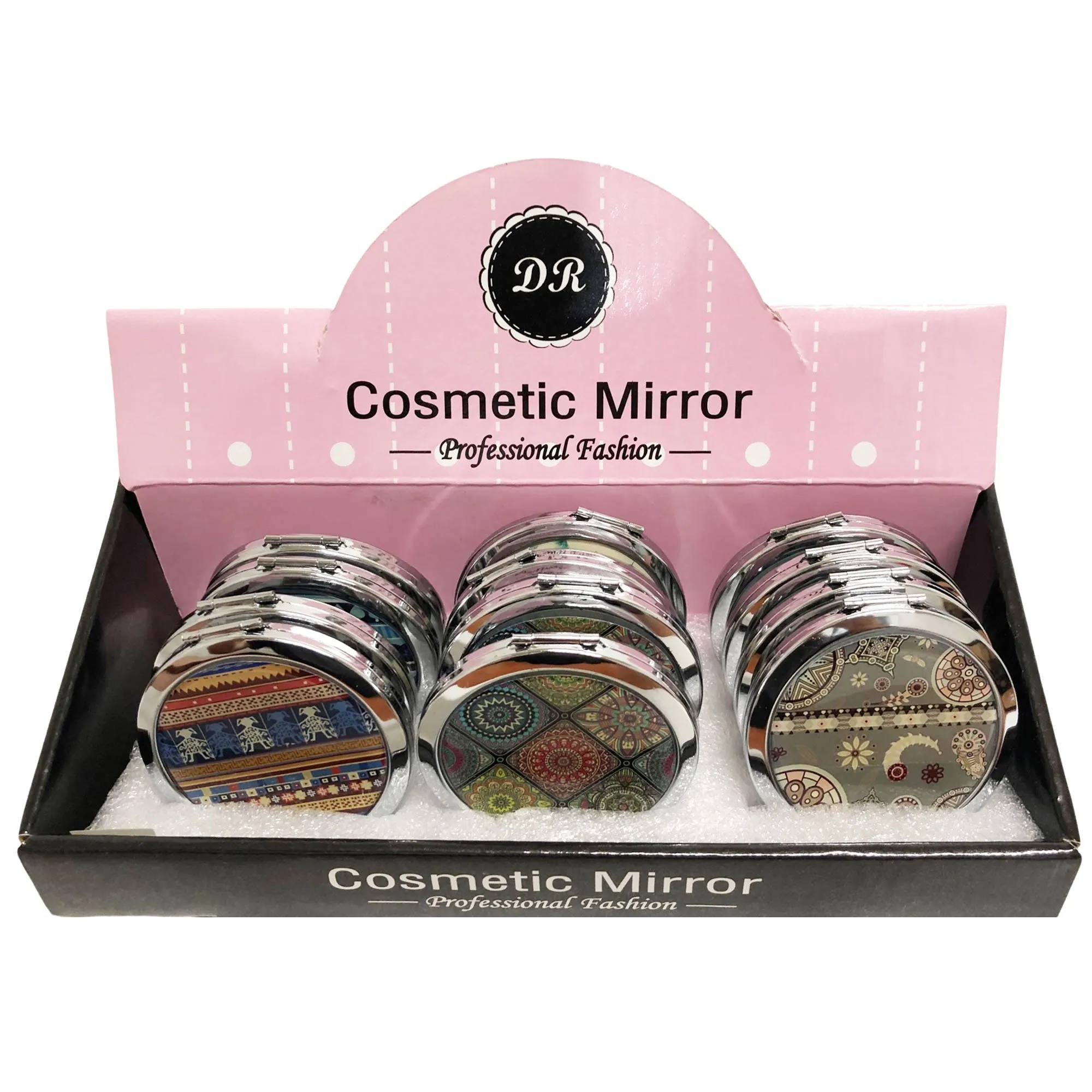 CLEARANCE COSMETIC MIRRORS TRIBAL PRINTS (CASE OF 60 - $1.00 / PIECE)  Wholesale Round Cosmetic Mirrors in Tribal Prints SKU: 801-TRIBAL-60