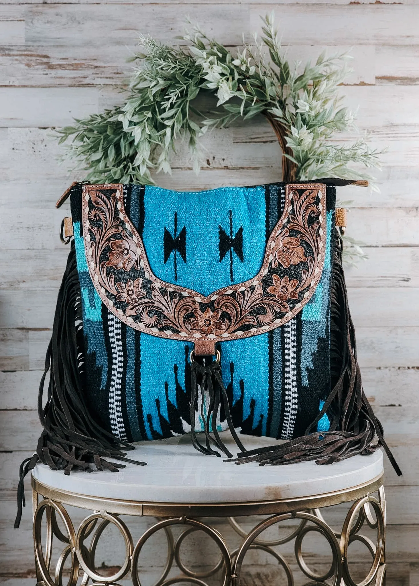 Concealed Carry Blue Fringe Crossbody Handbag