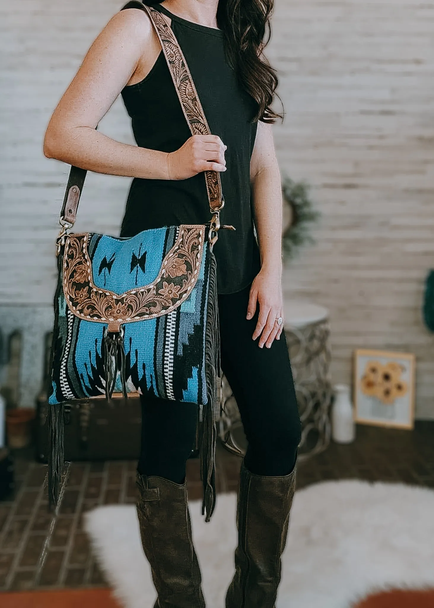 Concealed Carry Blue Fringe Crossbody Handbag