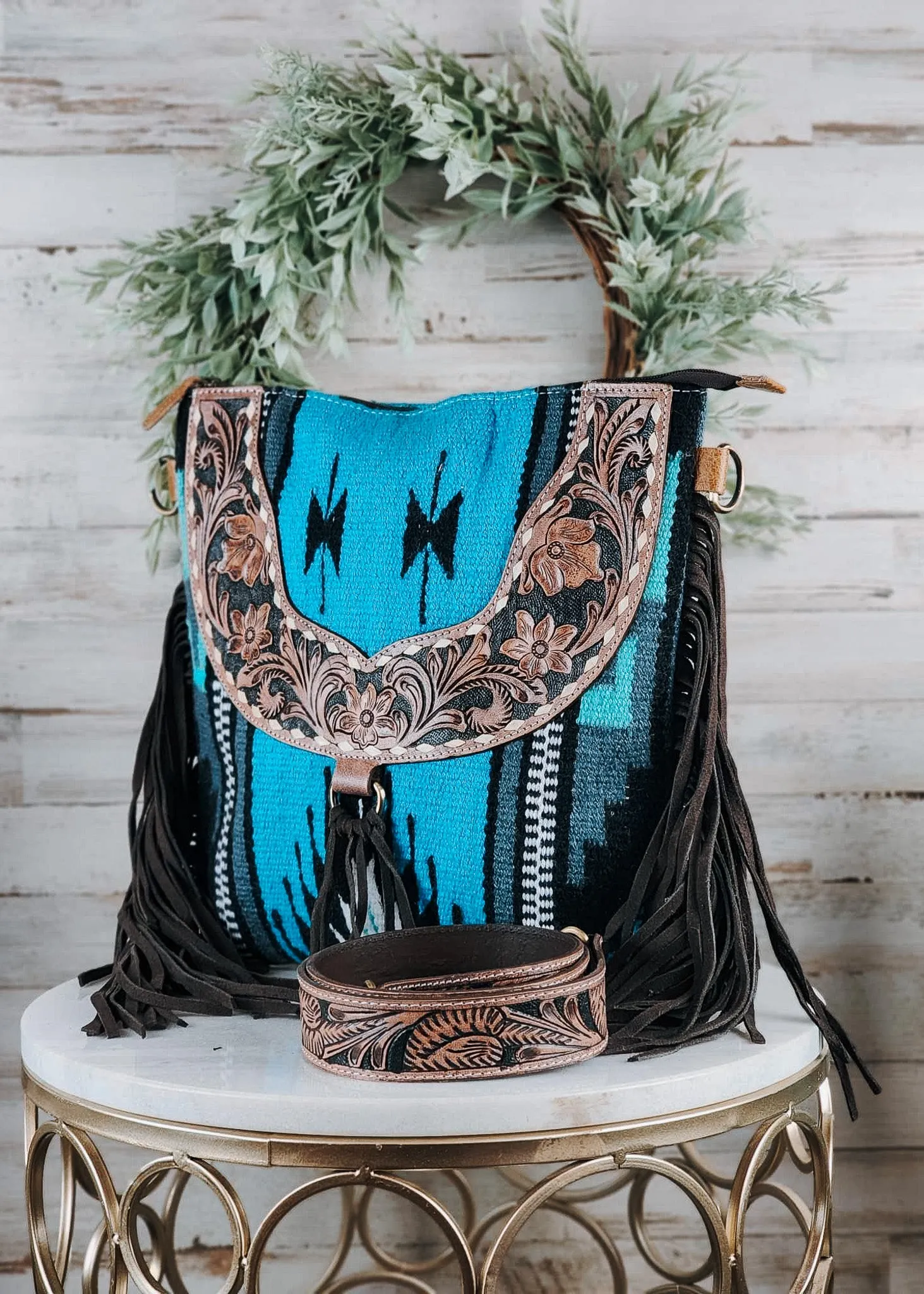 Concealed Carry Blue Fringe Crossbody Handbag