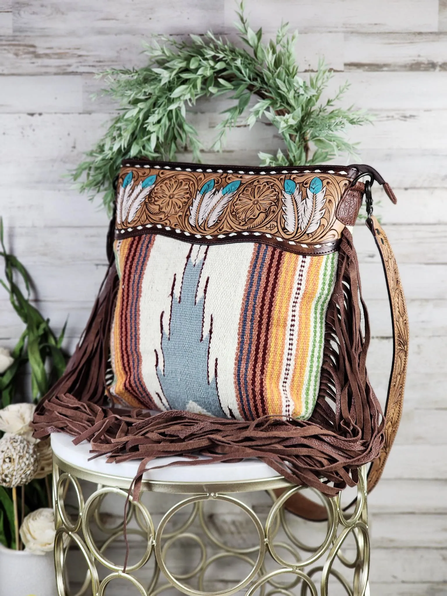 Concealed Carry Feather Serape Fringe Handbag