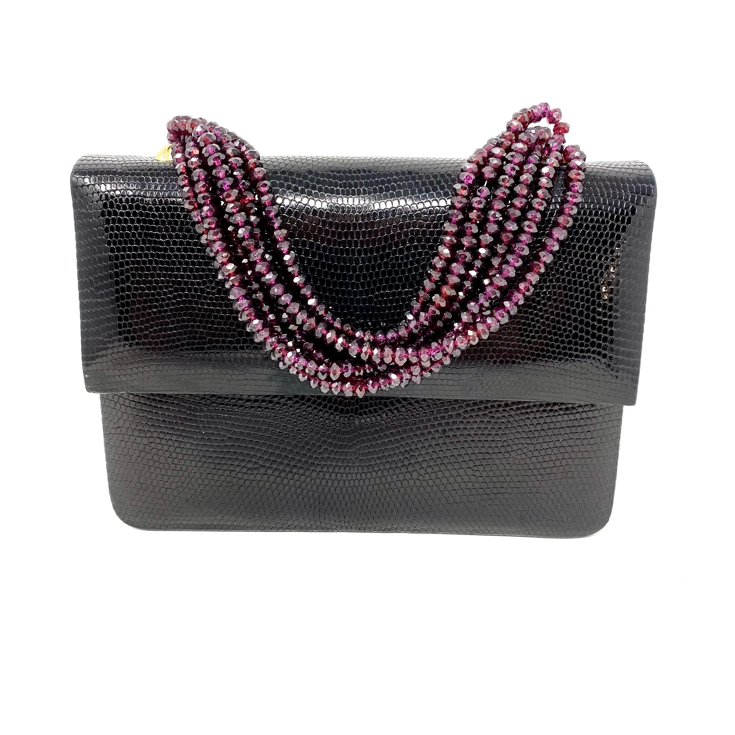 Darby Scott Mini Jeweled Necklace Handbag Black Lizard Garnet