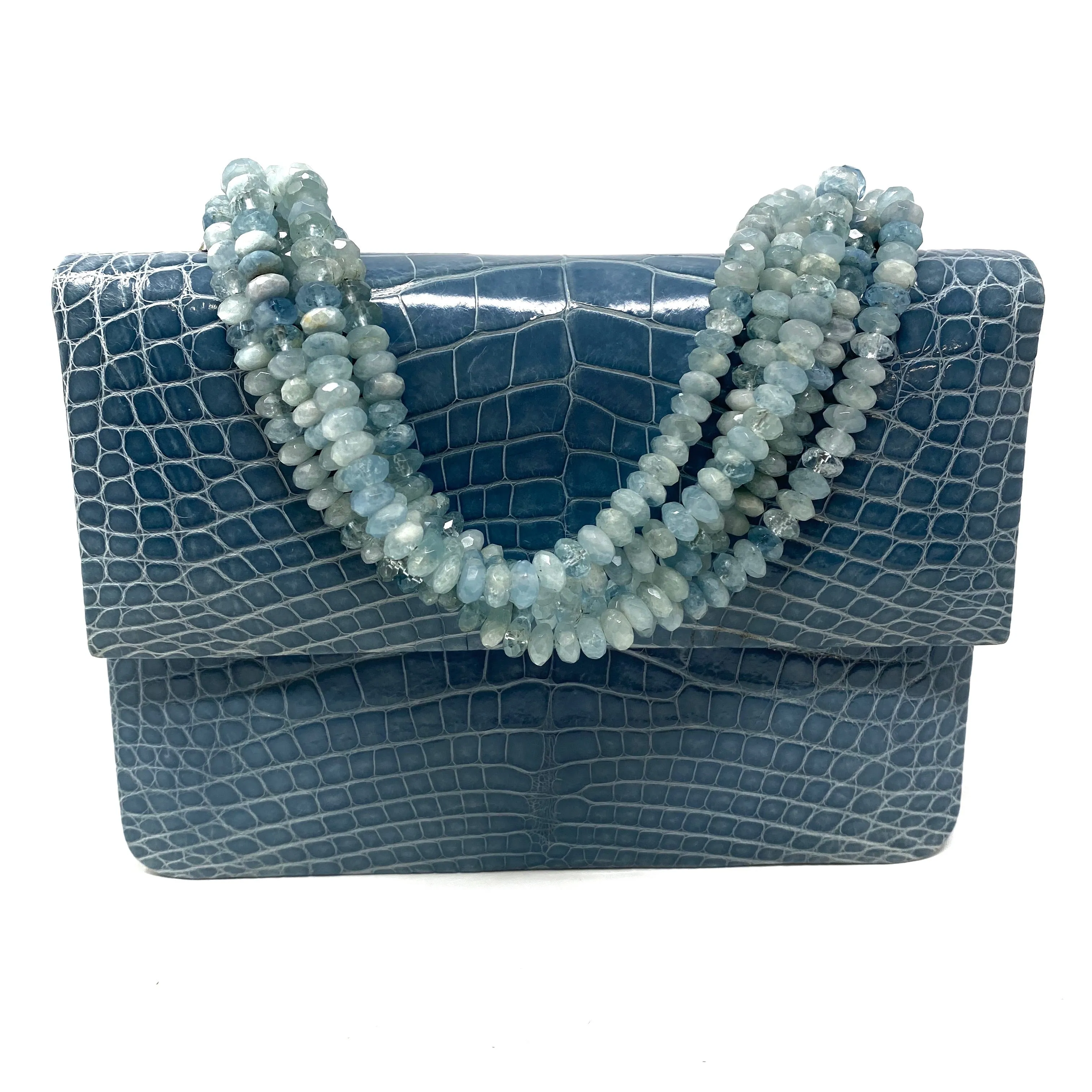 Darby Scott Mini Necklace Handbag in Blue Crocodile and Aquamarine