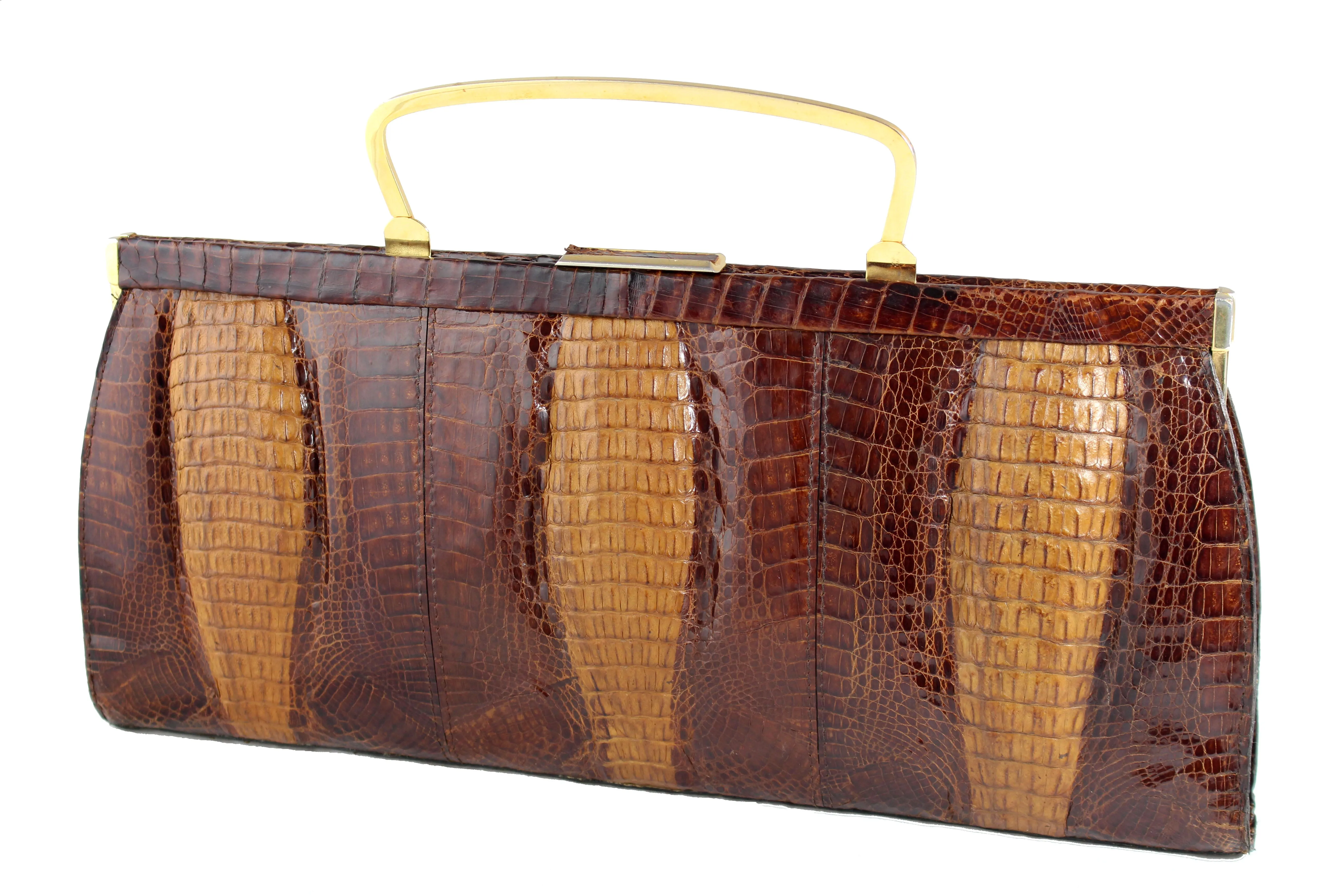 ESTEVE cognac color triple hornback baby crocodile skin handbag