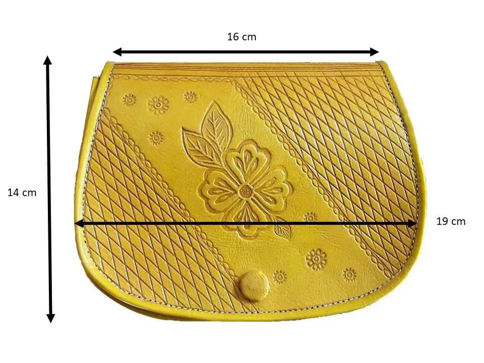 Floral Leather Shoulder Bag - Embossed - Small - Yellow