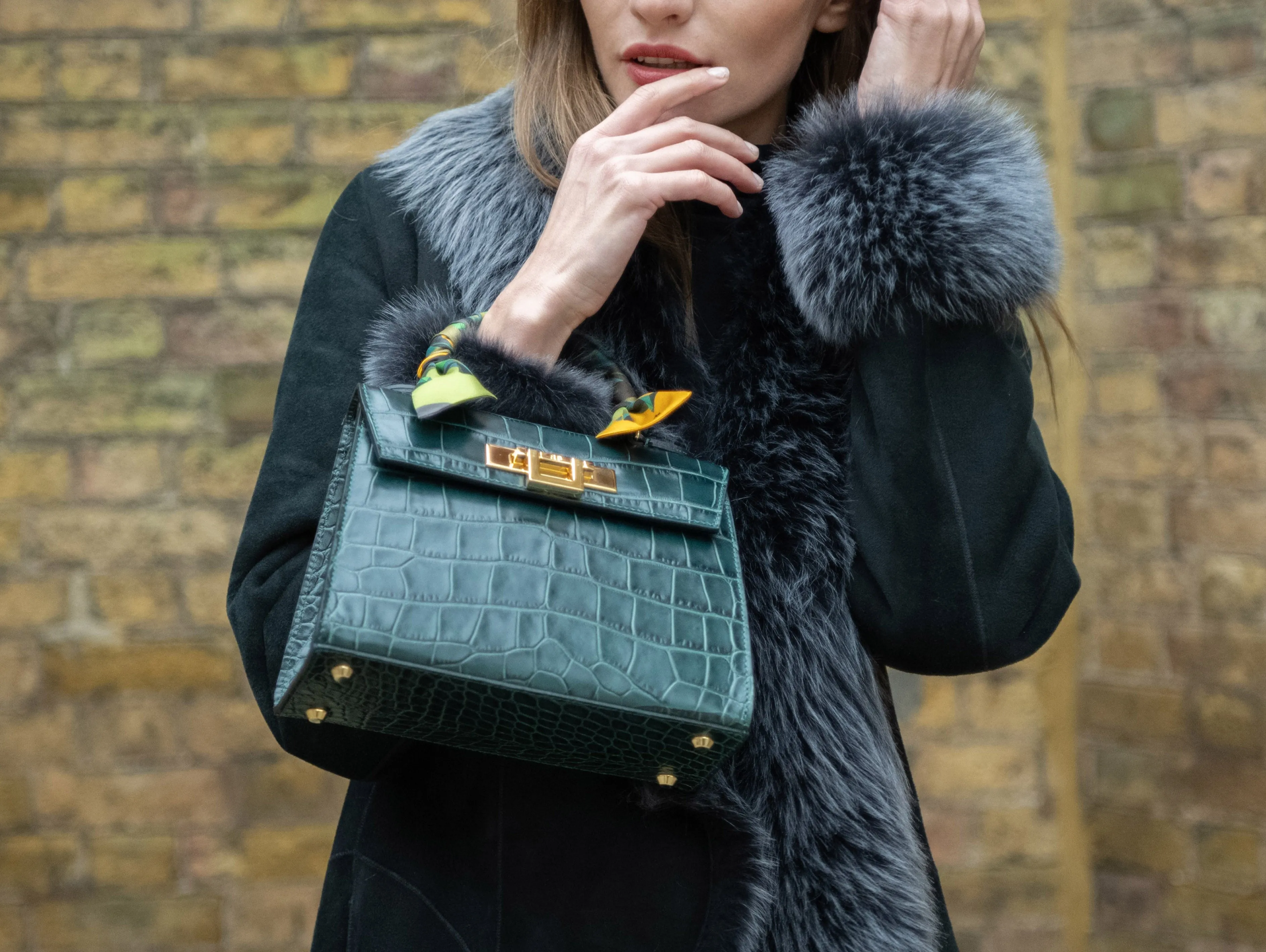 Fonteyn Midi Orinoco 'Croc' Print Calf Leather Handbag - Dark Green