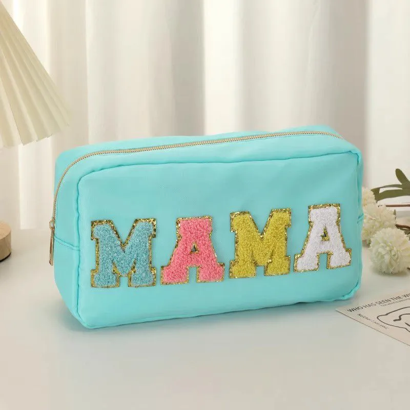 Fuzzy Letters Embroidered Faux Leather Makeup Cosmetic Bag