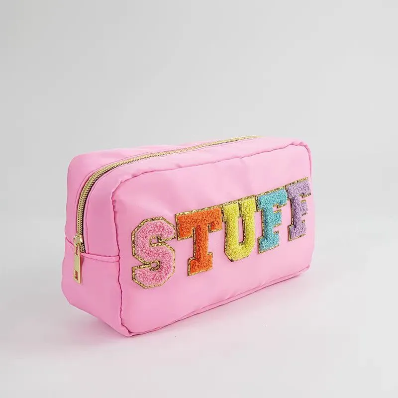 Fuzzy Letters Embroidered Faux Leather Makeup Cosmetic Bag