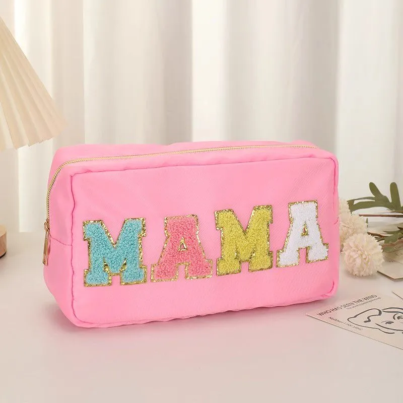 Fuzzy Letters Embroidered Faux Leather Makeup Cosmetic Bag