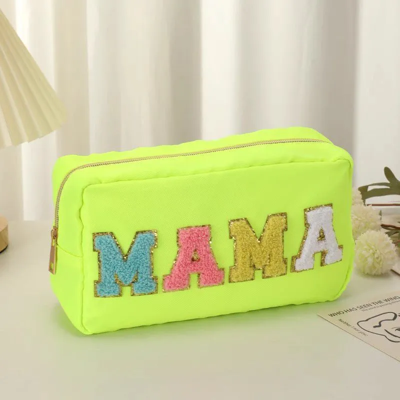 Fuzzy Letters Embroidered Faux Leather Makeup Cosmetic Bag