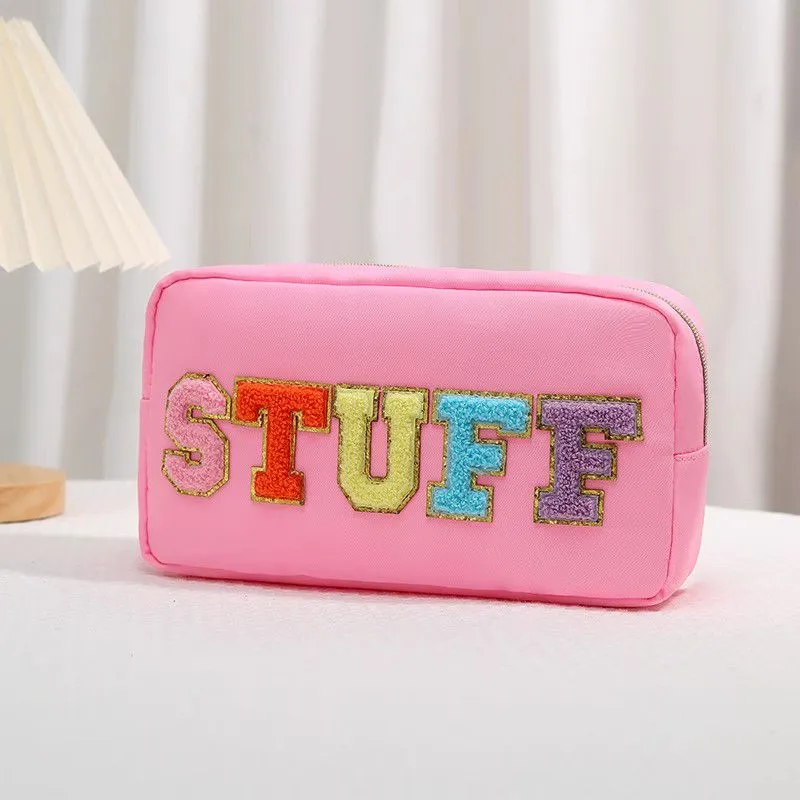 Fuzzy Letters Embroidered Faux Leather Makeup Cosmetic Bag