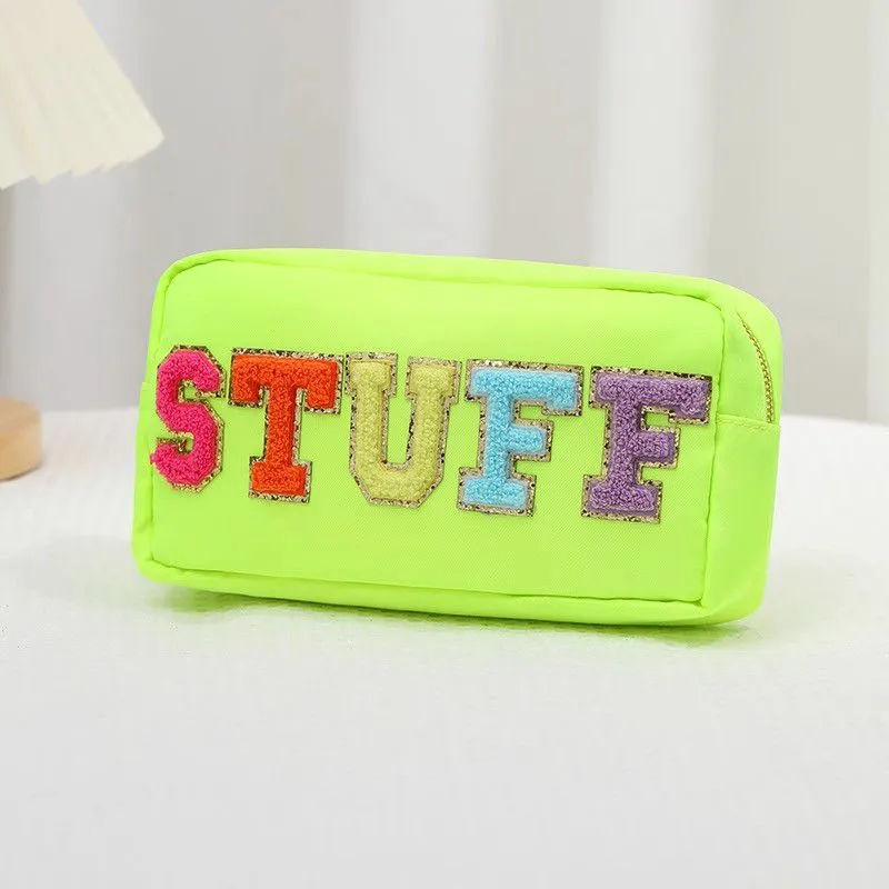 Fuzzy Letters Embroidered Faux Leather Makeup Cosmetic Bag