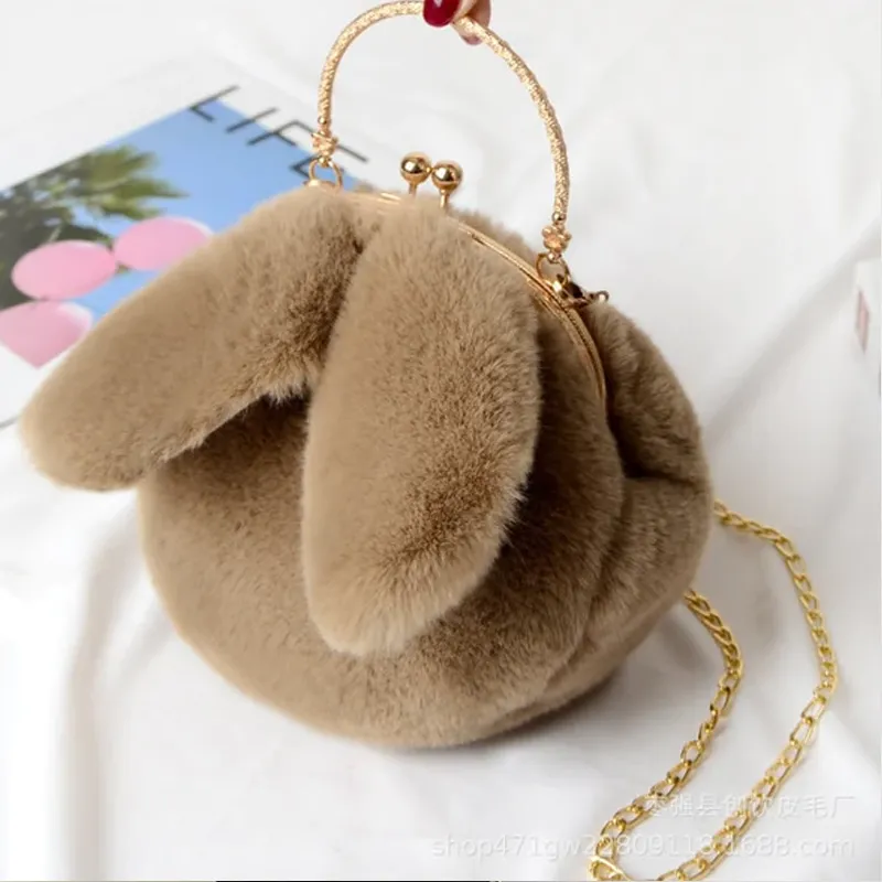 Girls Furry Soft Plush Kiss Lock Chain Shoulder Bag