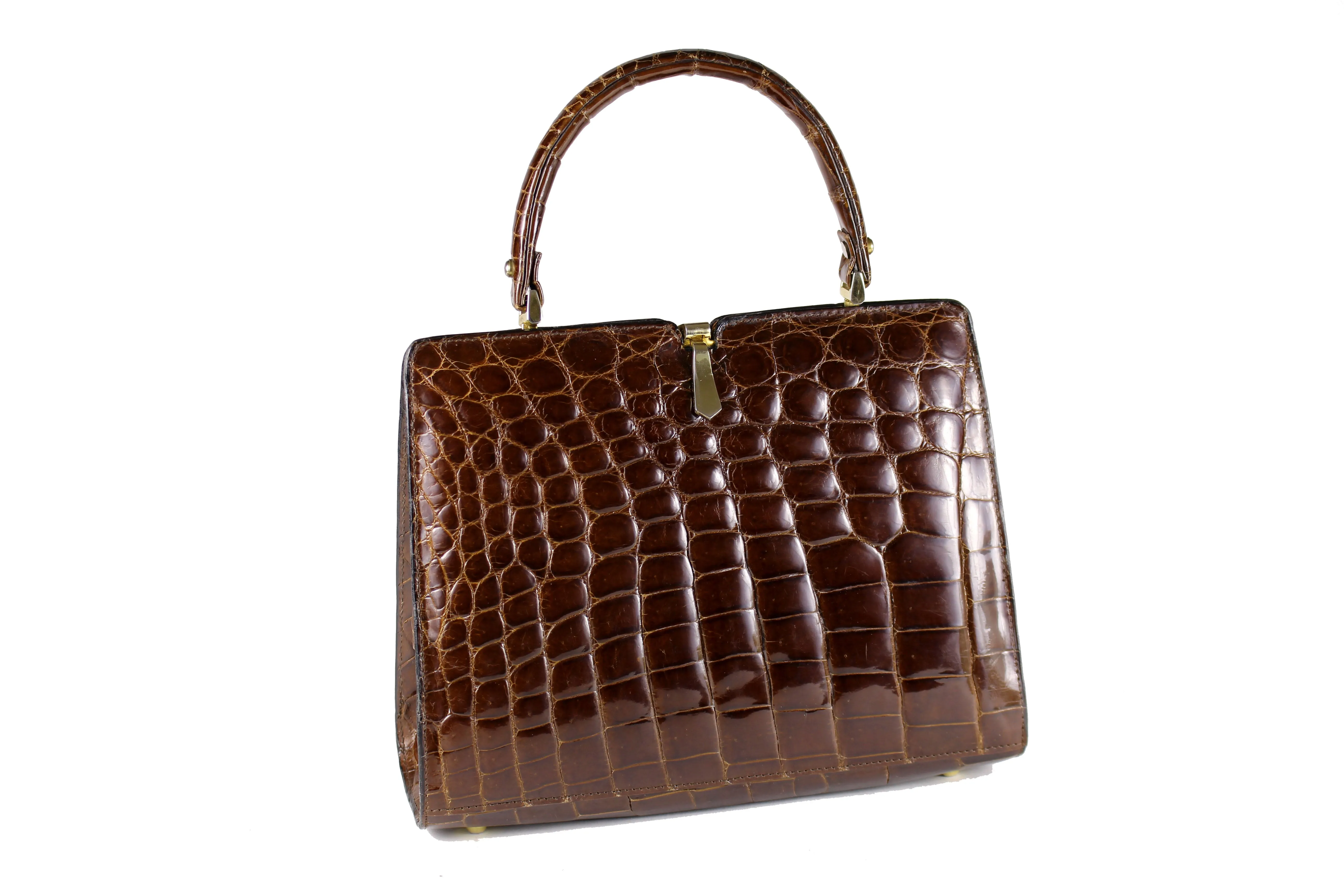 Glossy brown crocodile skin frame handbag