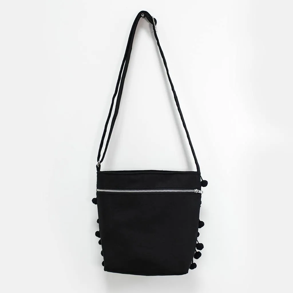 Ha Leh Pom Pom Crossbody Shoulder Bag in Black