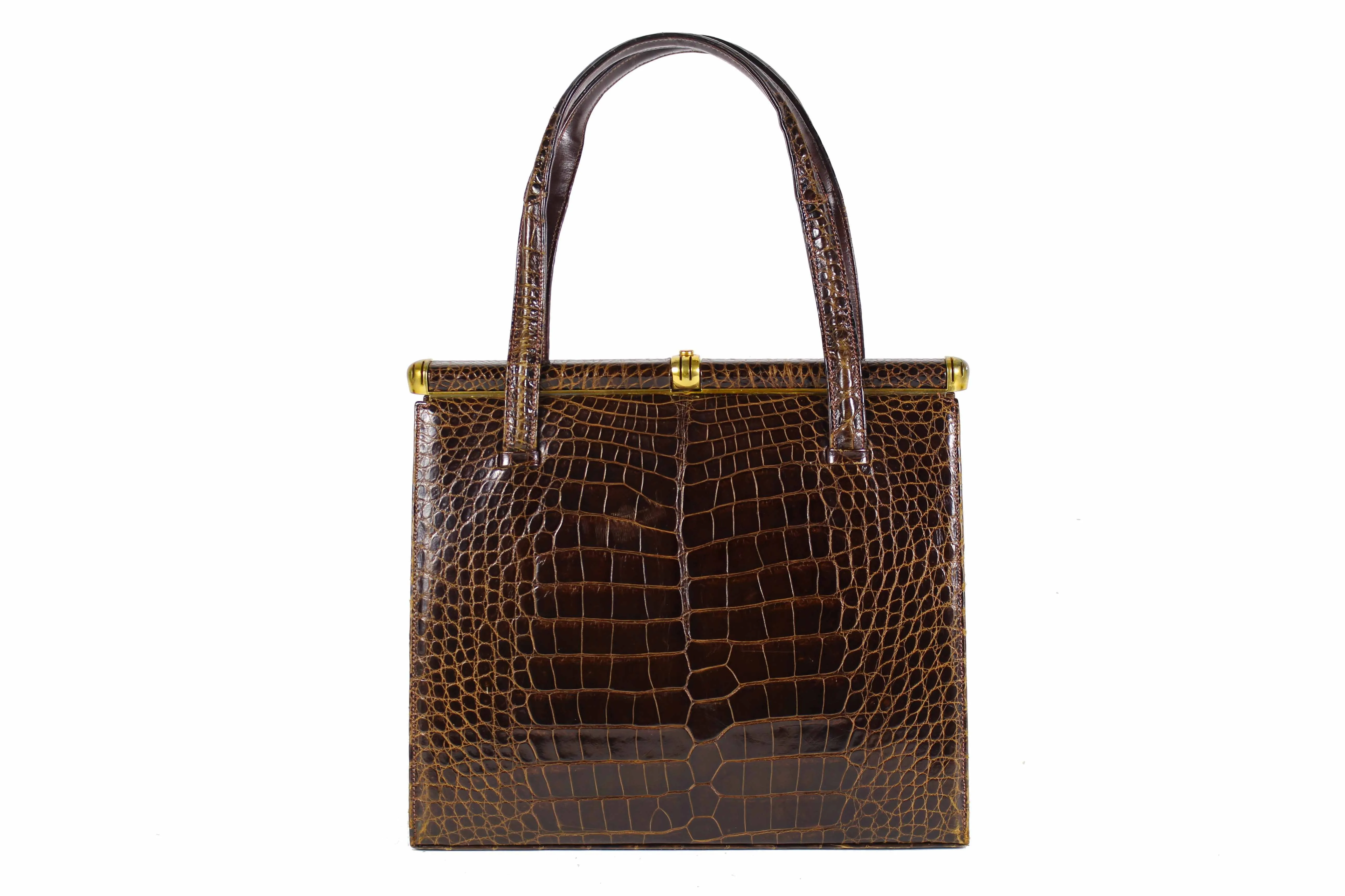 LUCILLE DE PARIS brown crocodile skin handbag double handle