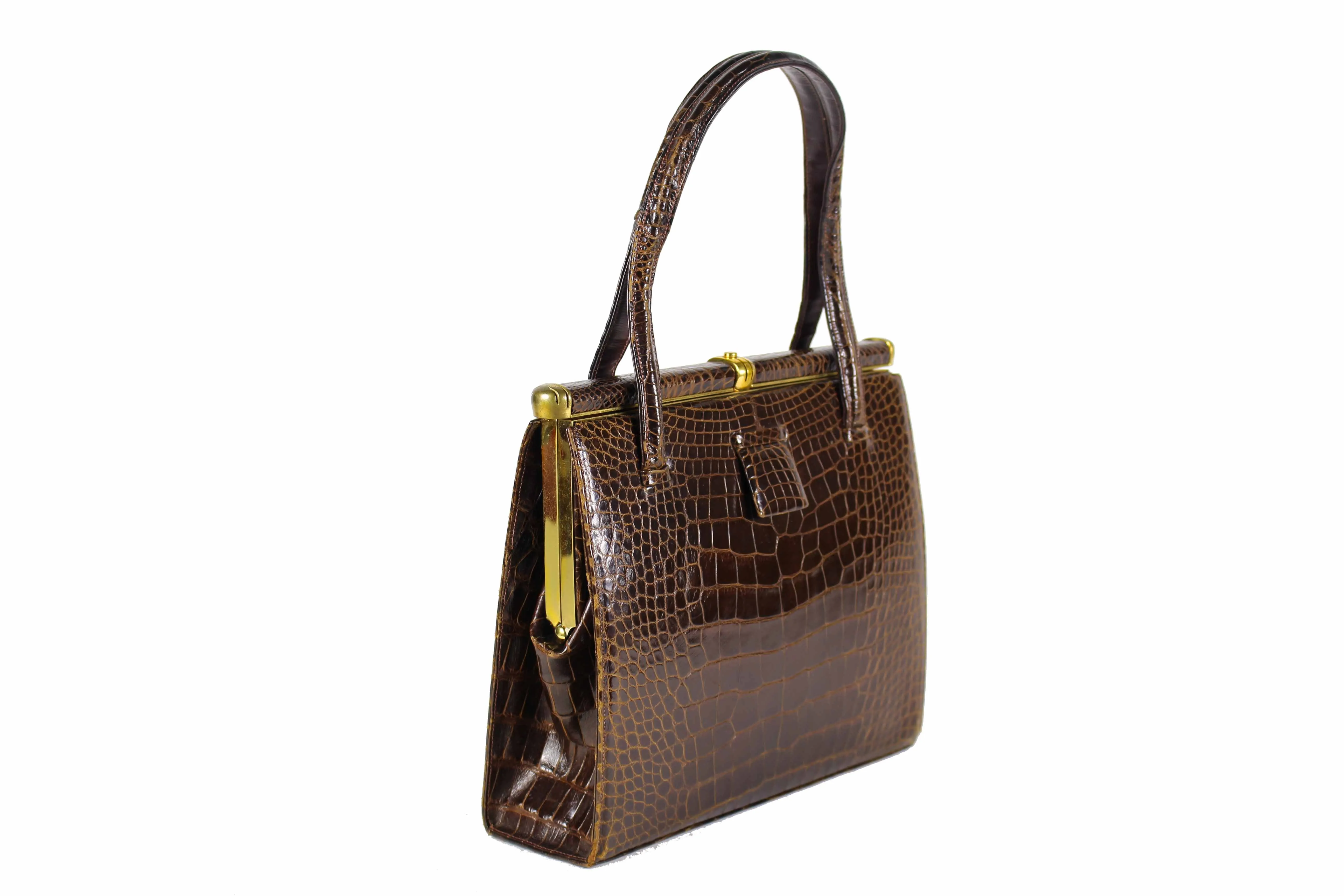 LUCILLE DE PARIS brown crocodile skin handbag double handle