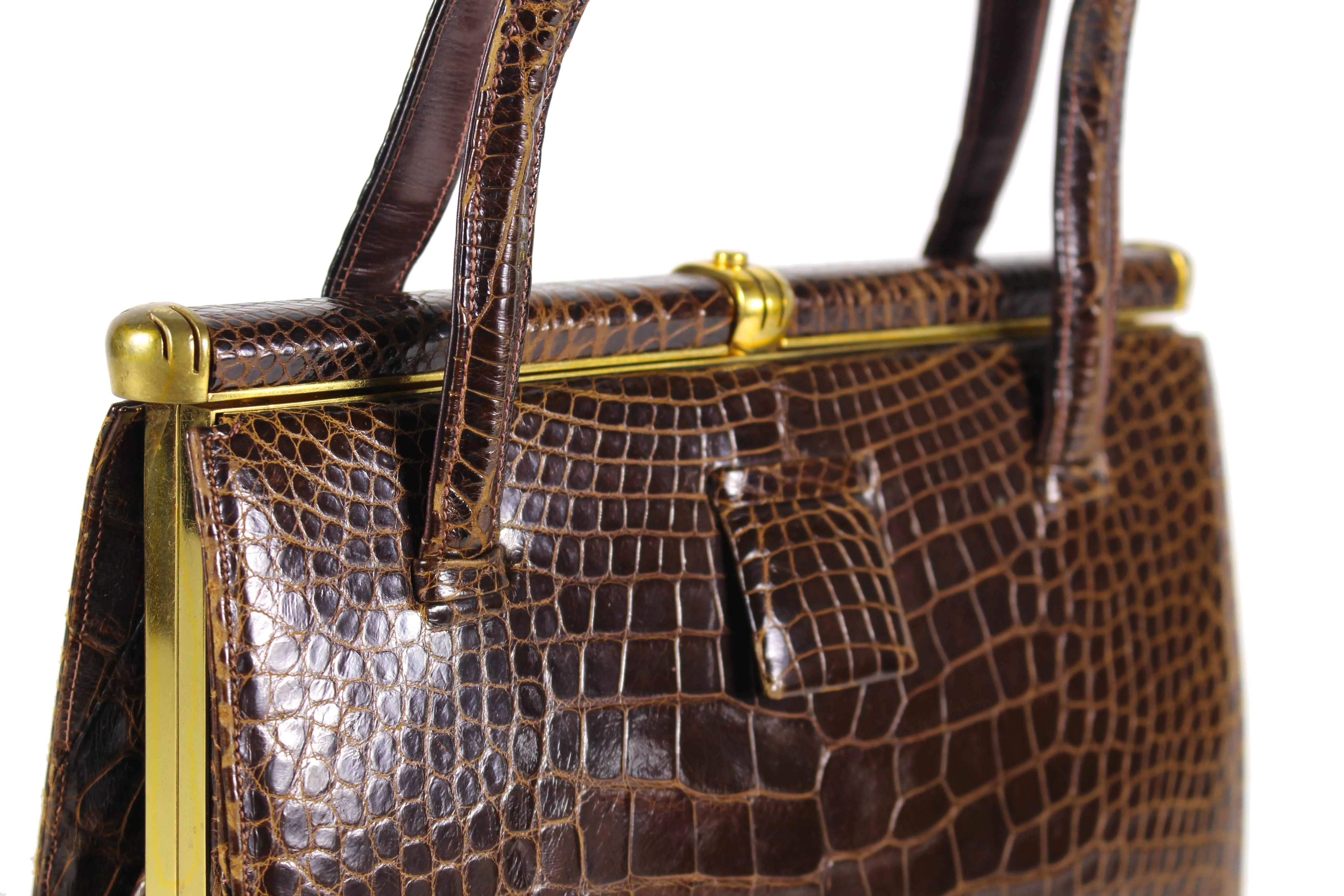 LUCILLE DE PARIS brown crocodile skin handbag double handle