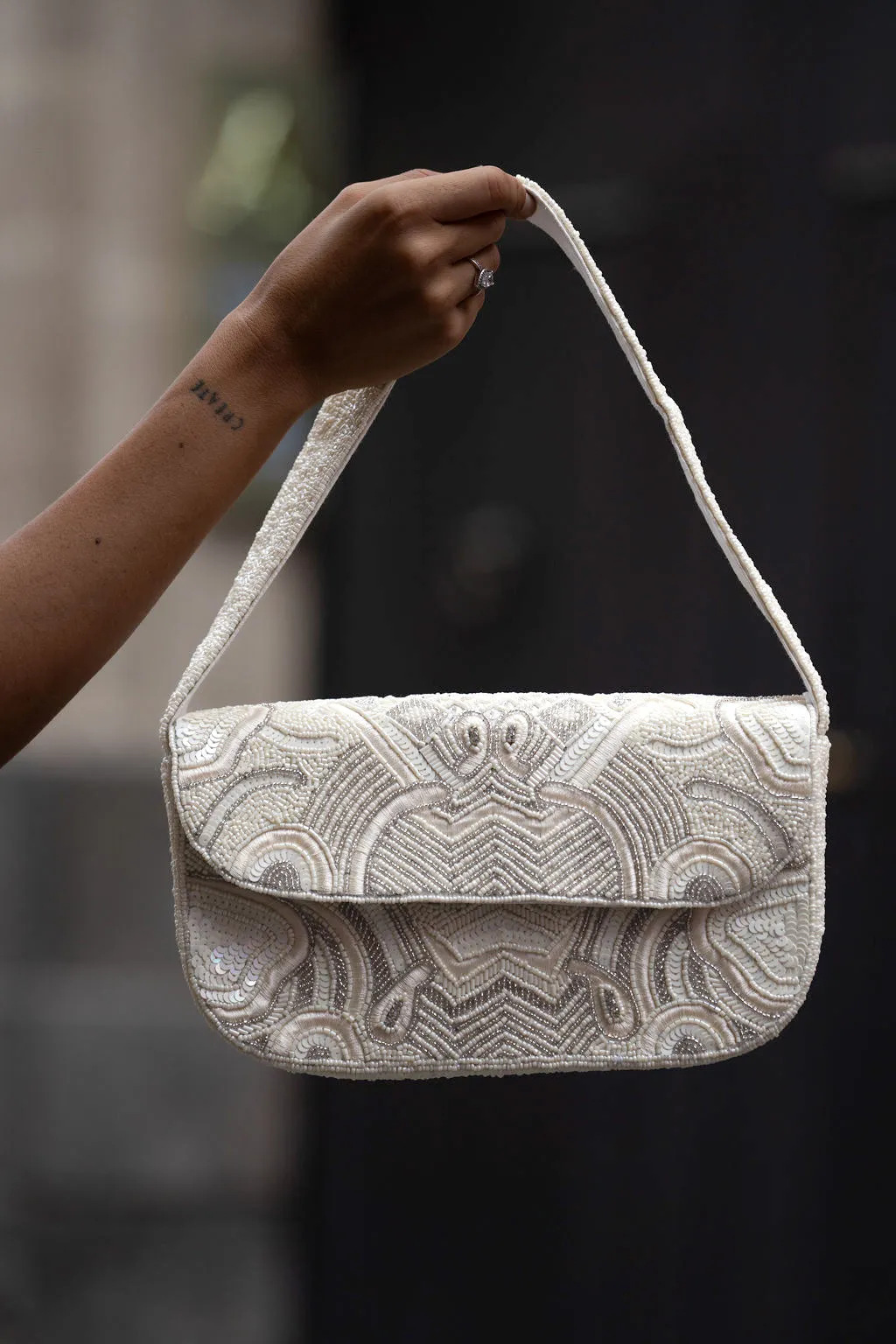 Lucy White and Silver Beaded Shoulder Bag