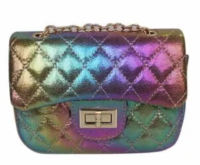 Popatu Metallic Rainbow Quilted Handbag with Golden Chain