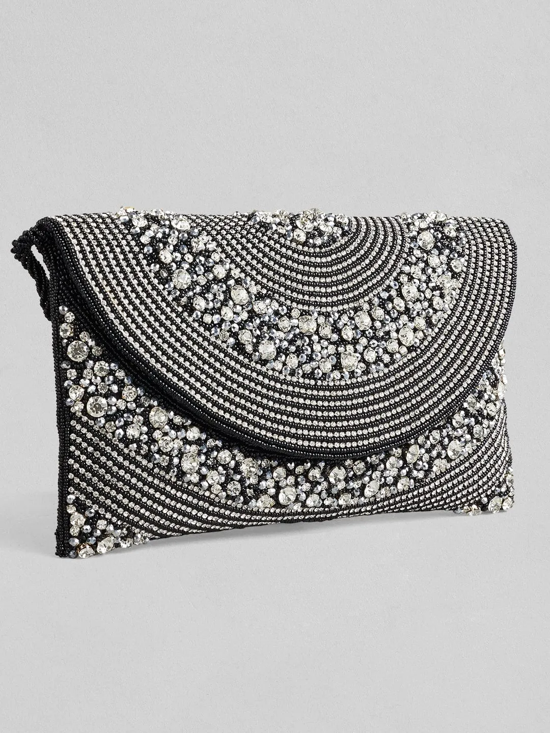 Rubans Black Colour Handbag With Embroided Silver Stone Design.