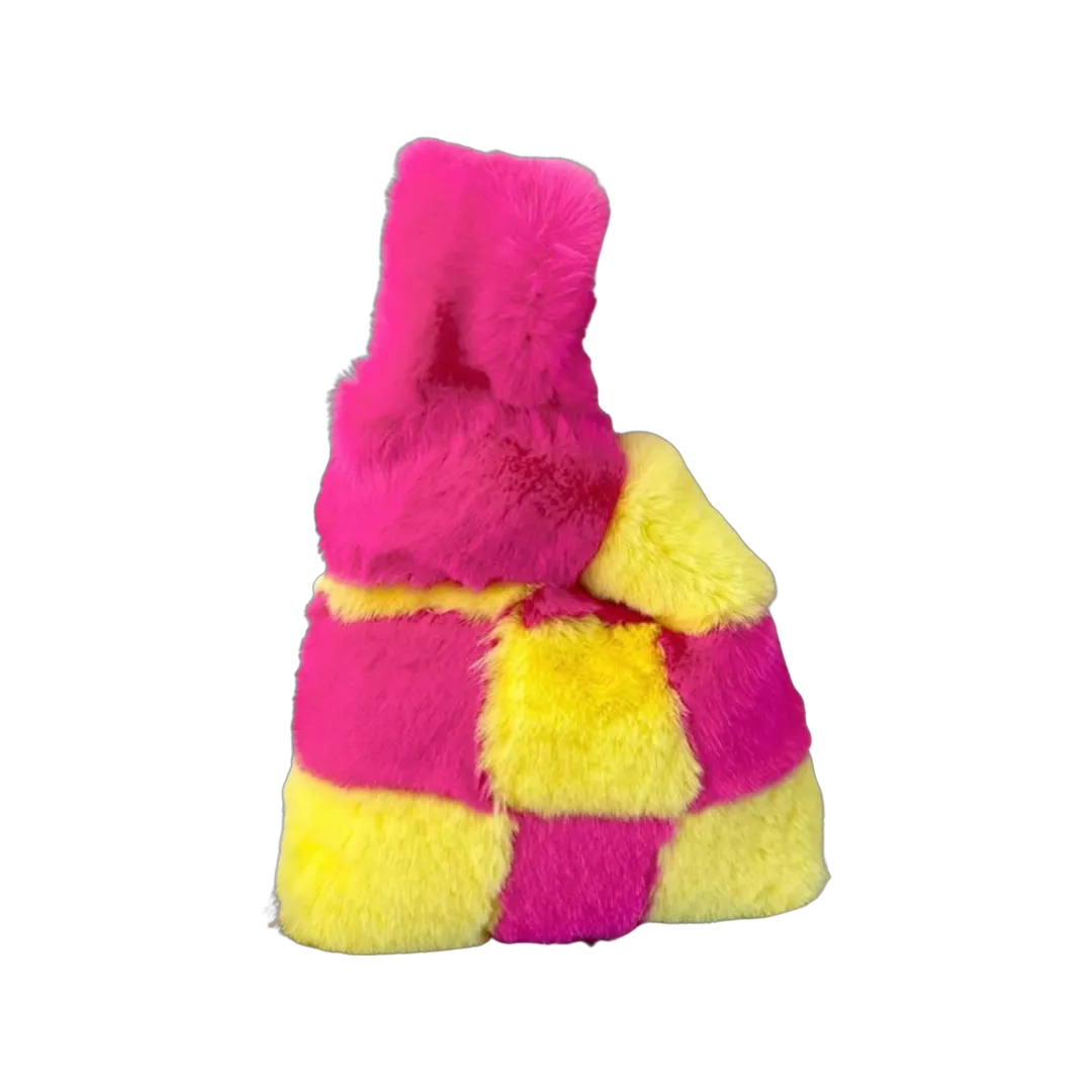 Small Faux Fur Wristlet Tote Handbag - Chequered Hot Pink & Yellow