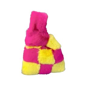 Small Faux Fur Wristlet Tote Handbag - Chequered Hot Pink & Yellow