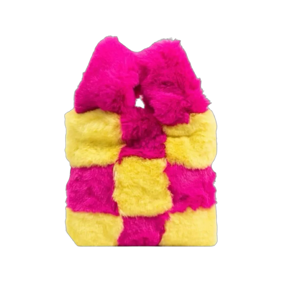 Small Faux Fur Wristlet Tote Handbag - Chequered Hot Pink & Yellow