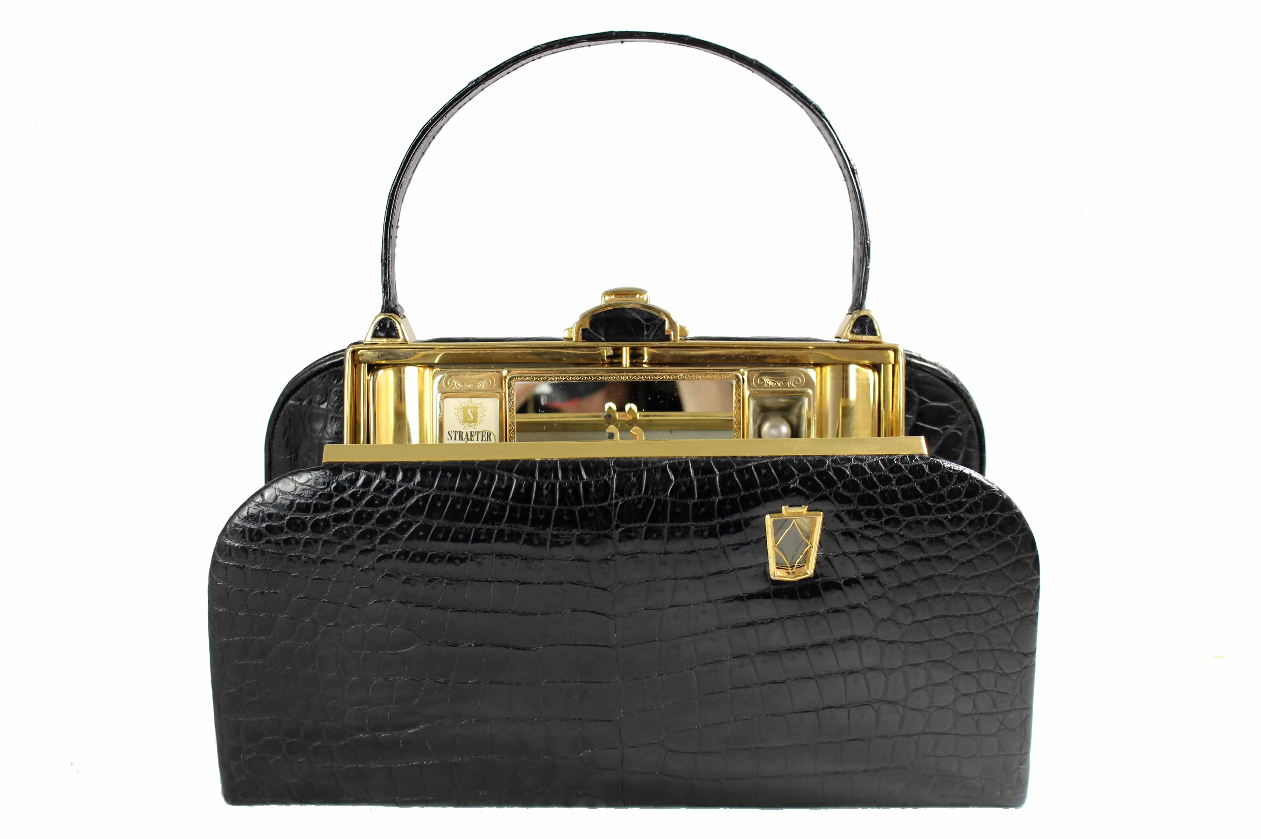 STRAETER "LITE ON" handbag black baby crocodile skin